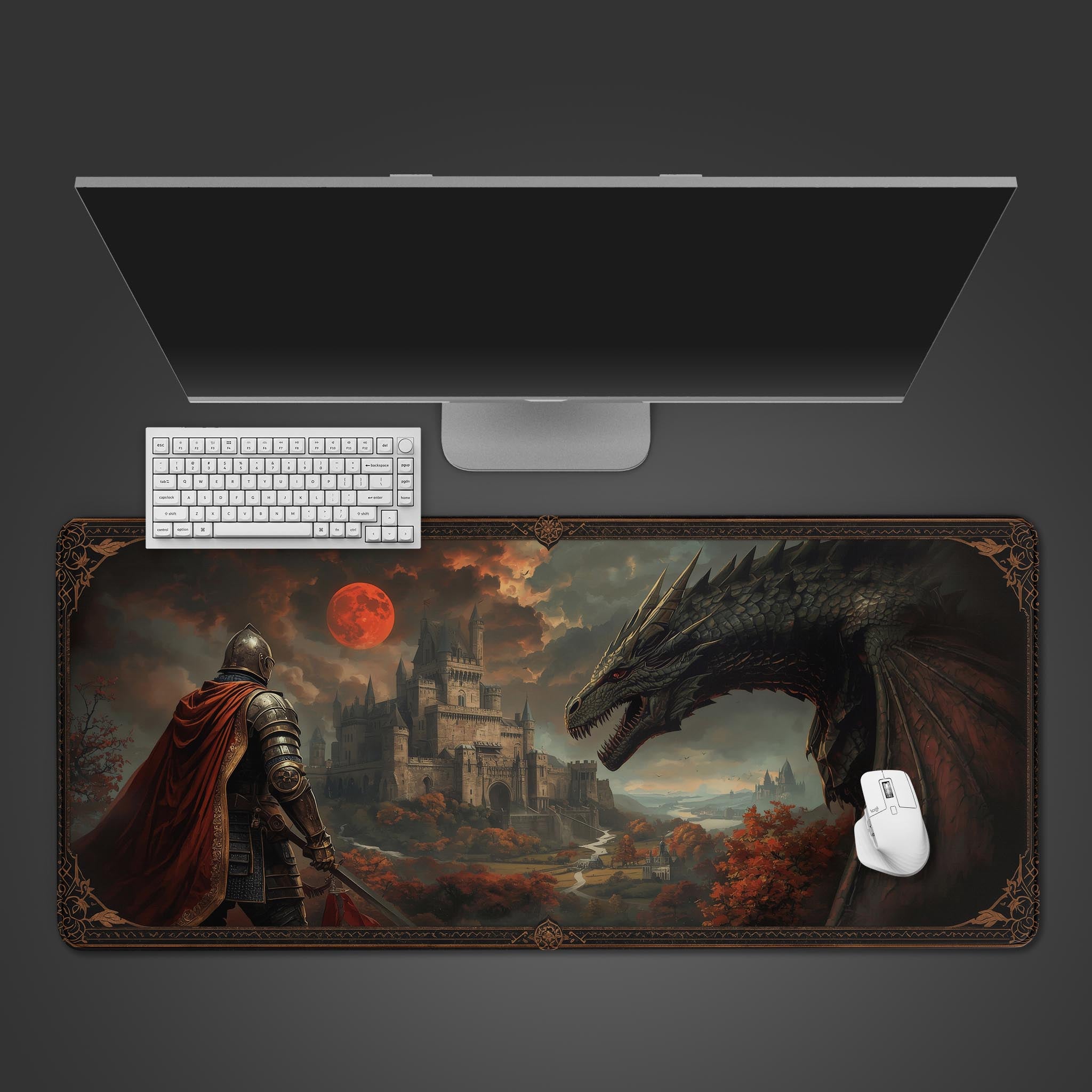 Guardian's Stand dragon desk mat with knight and castle art – top-down desktop view with a gaming keyboard and mouse. - Epic Design Pads & Mousepads