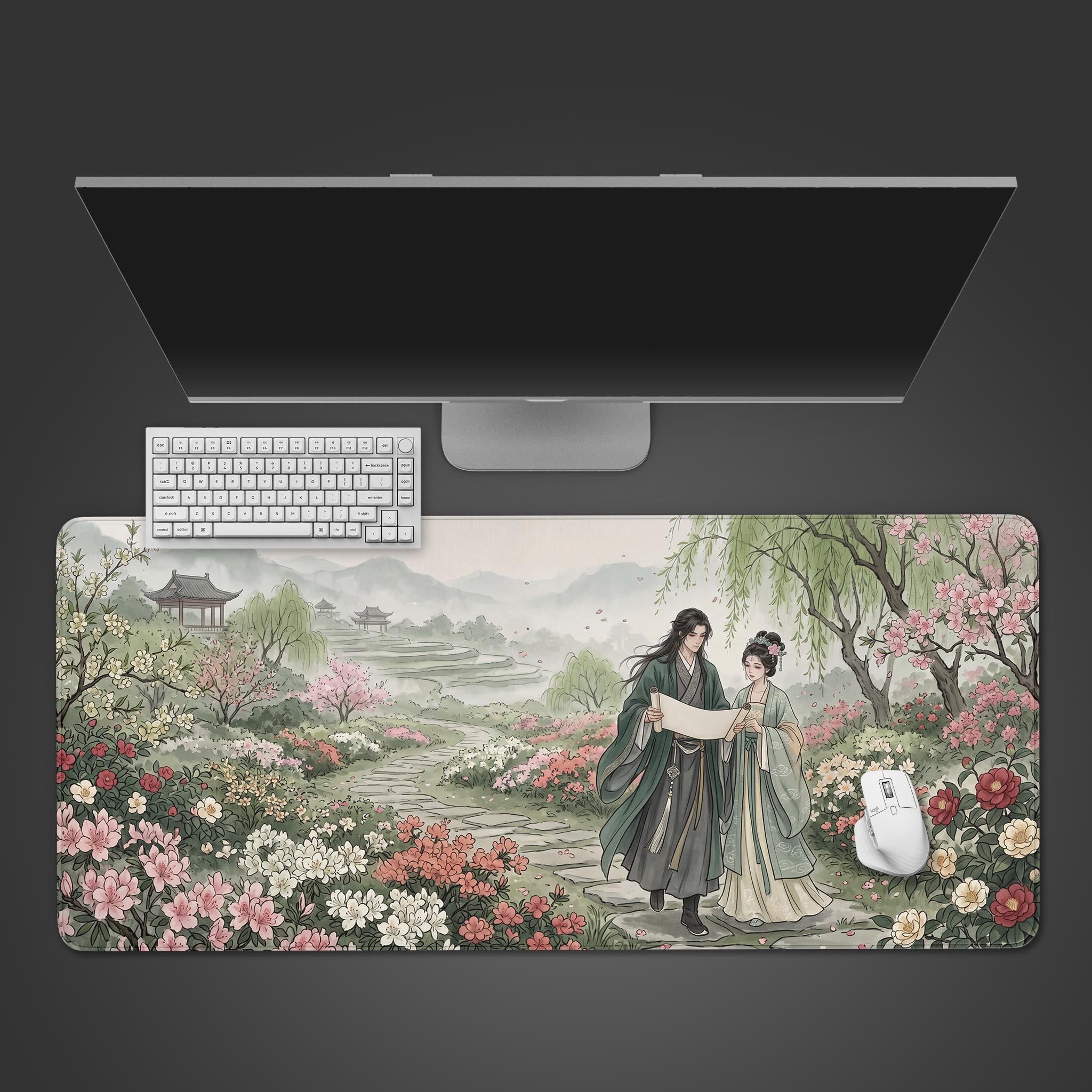 Hanfu Couple desk mat featuring a traditional Chinese romantic garden stroll with ink wash mountains and a pagoda