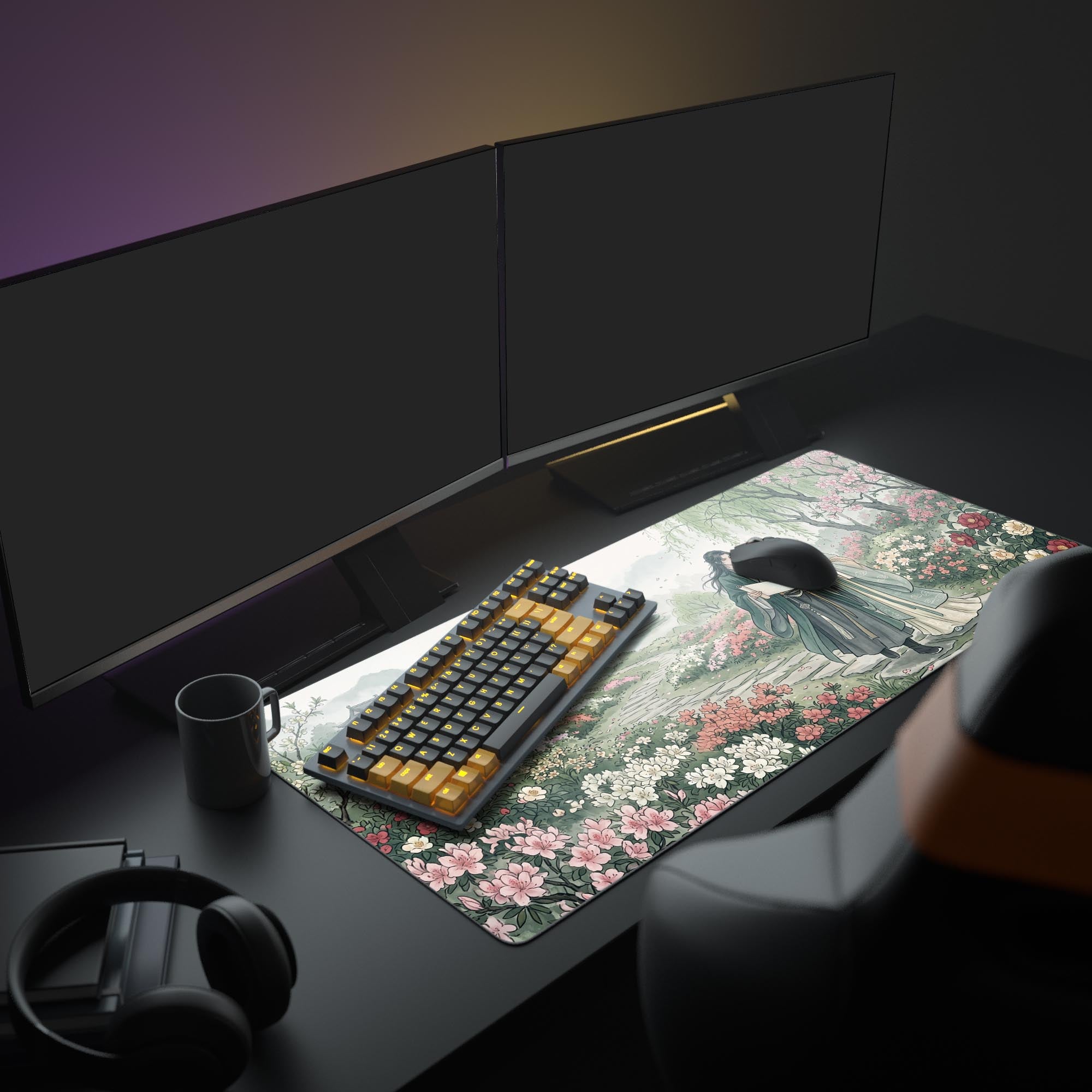 Close-up of the waterproof, super smooth surface of the traditional Chinese romance gaming mouse pad