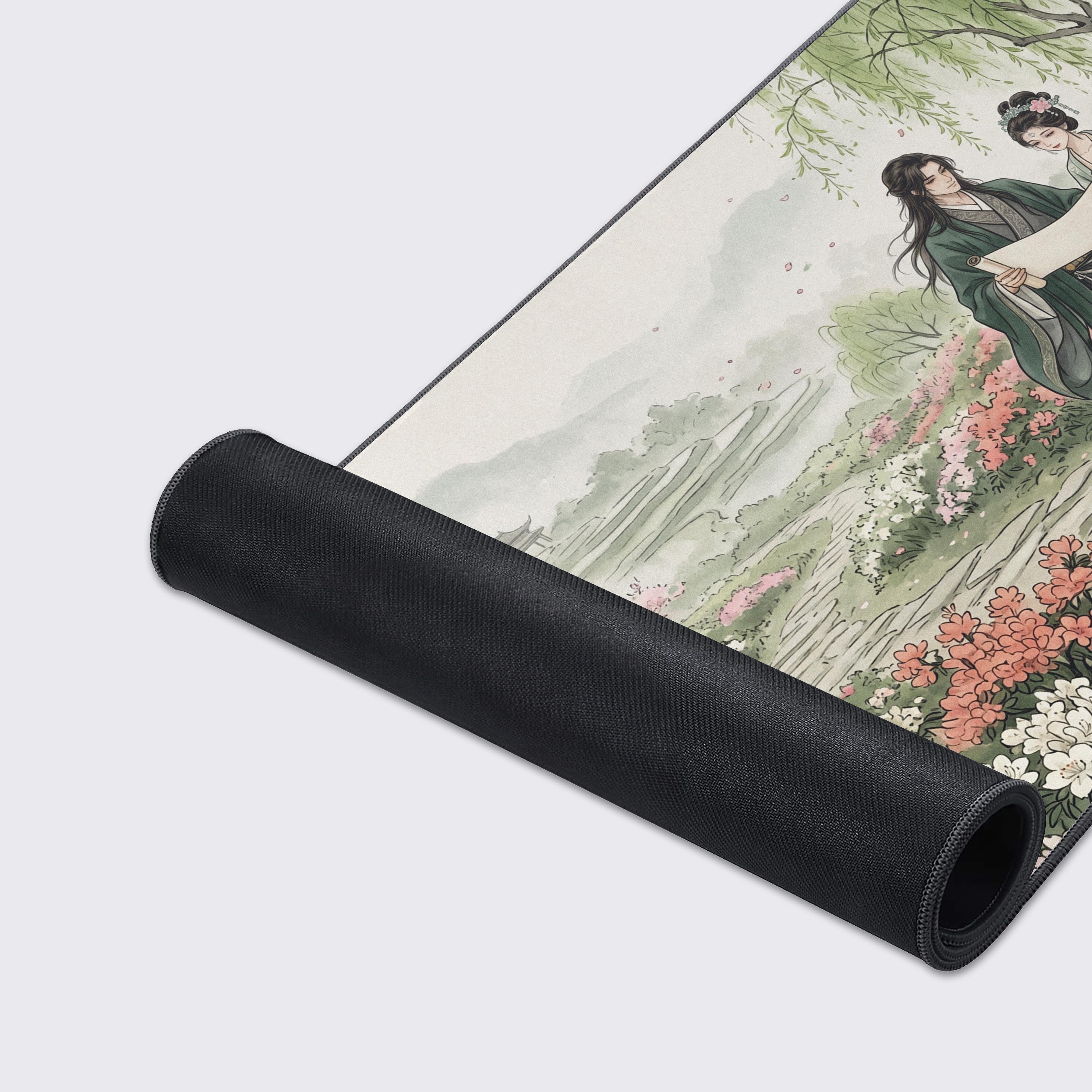 Traditional Chinese ink wash aesthetic desk mat with vibrant blooming spring flowers and willow trees