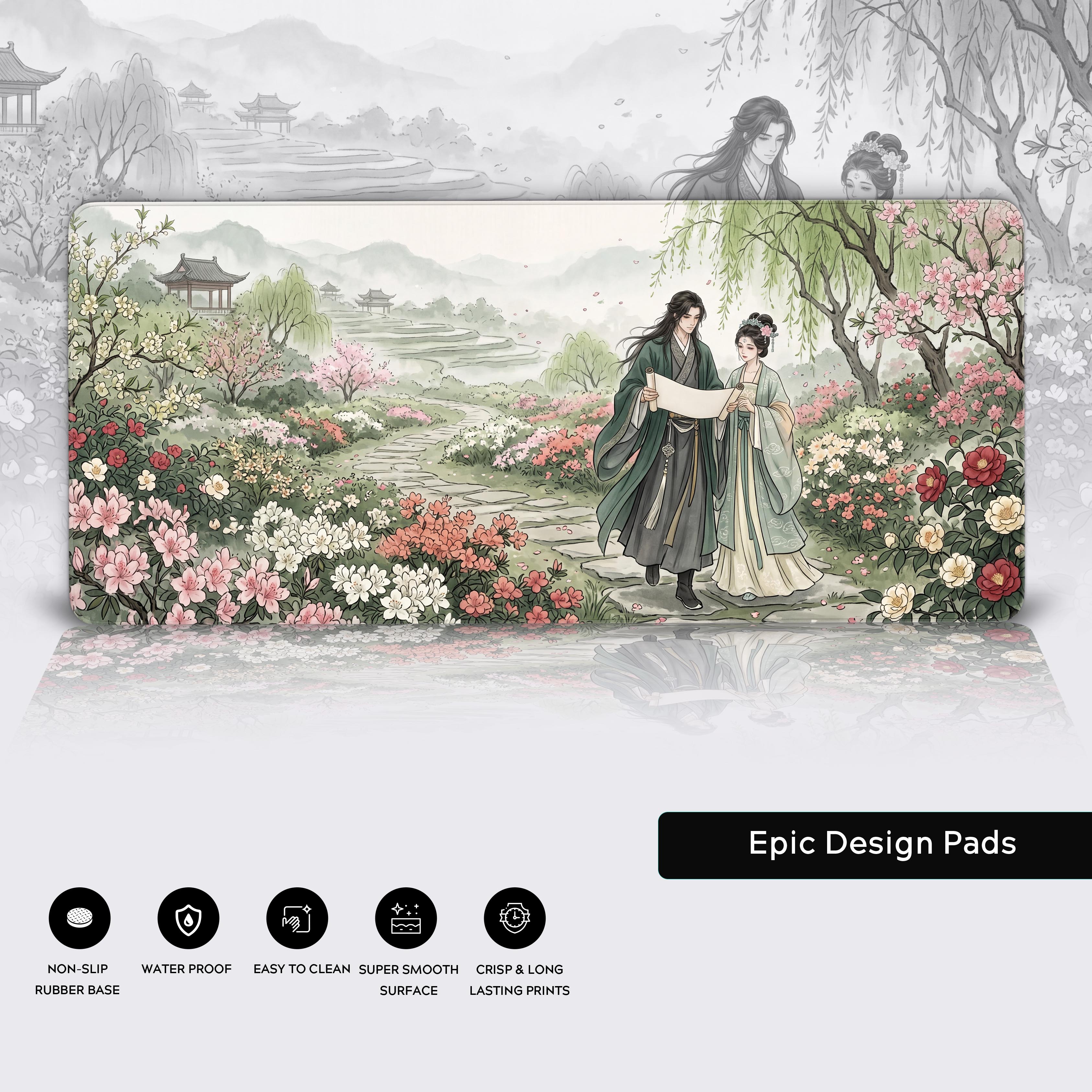 Epic Design Pads traditional Hanfu couple extended mouse pad showing non-slip rubber base and edge details