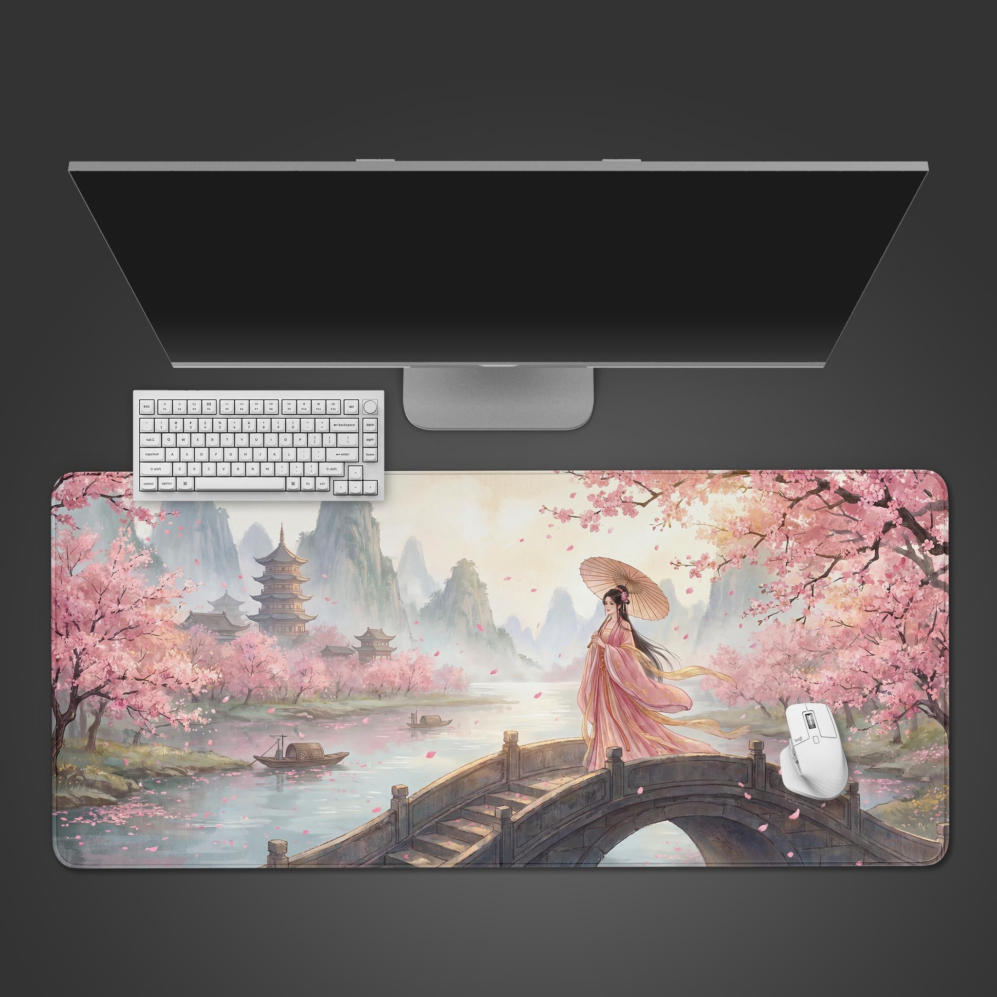 Hanfu Maiden standing on a bridge surrounded by pink cherry blossoms on a large gaming desk mat.