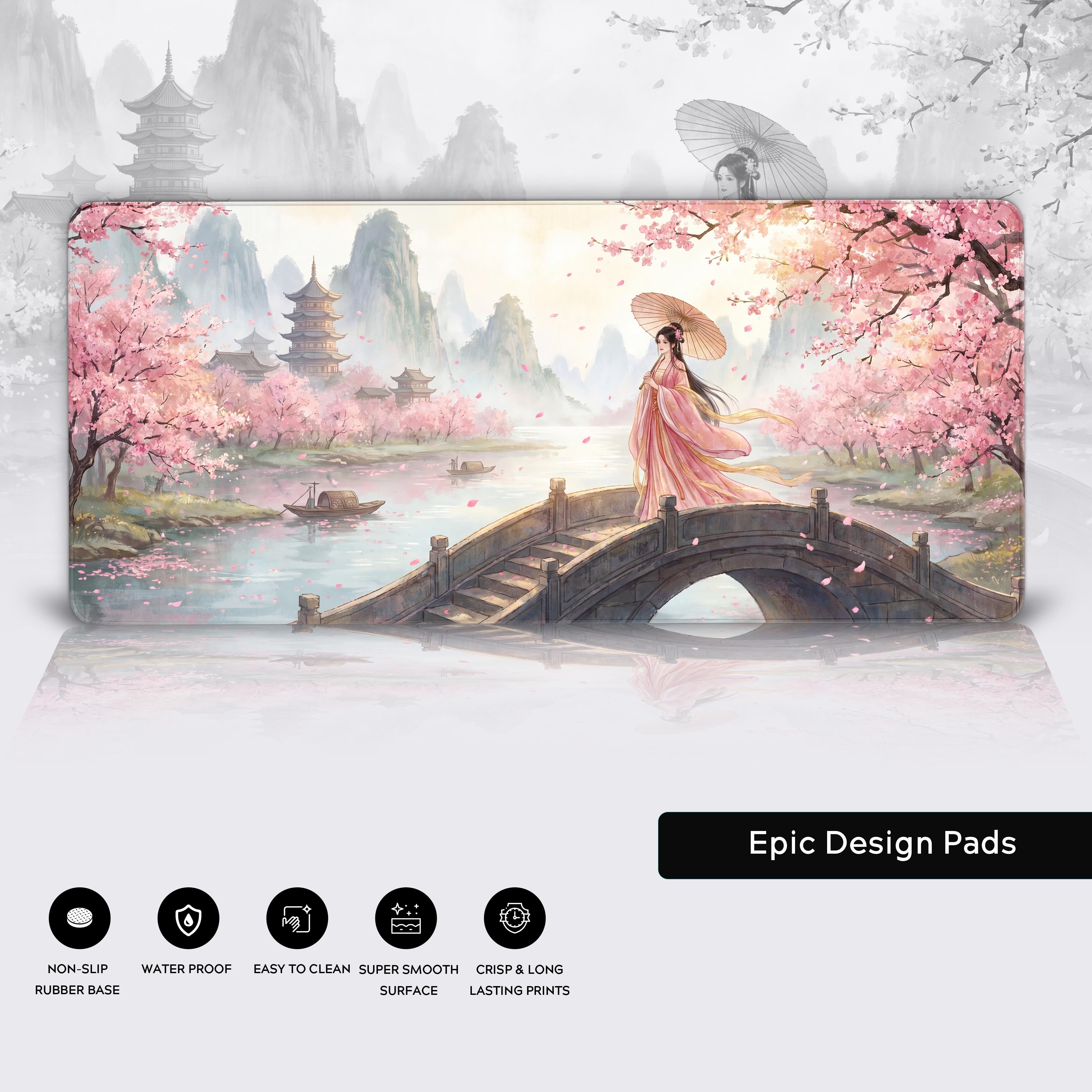 Full wide view of the serene Blossom Bridge desk mat showing pagodas, boats, and a non-slip rubber base.