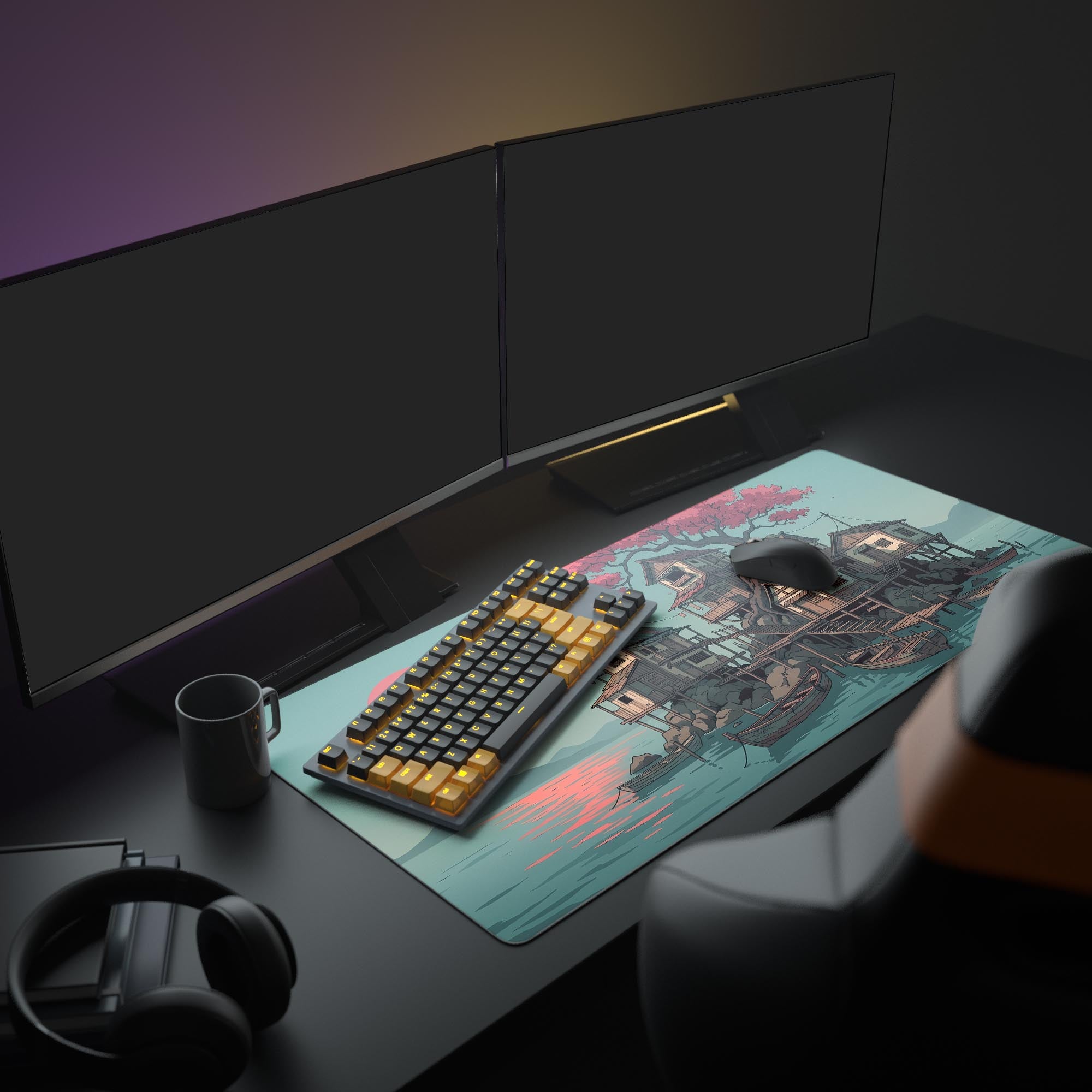 The Harbor Sanctuary Mouse Pad anchors a clean PC setup, its serene Japanese art complementing multiple monitors and creating a calm, focused workspace. - Epic Design Pads & Mousepads
