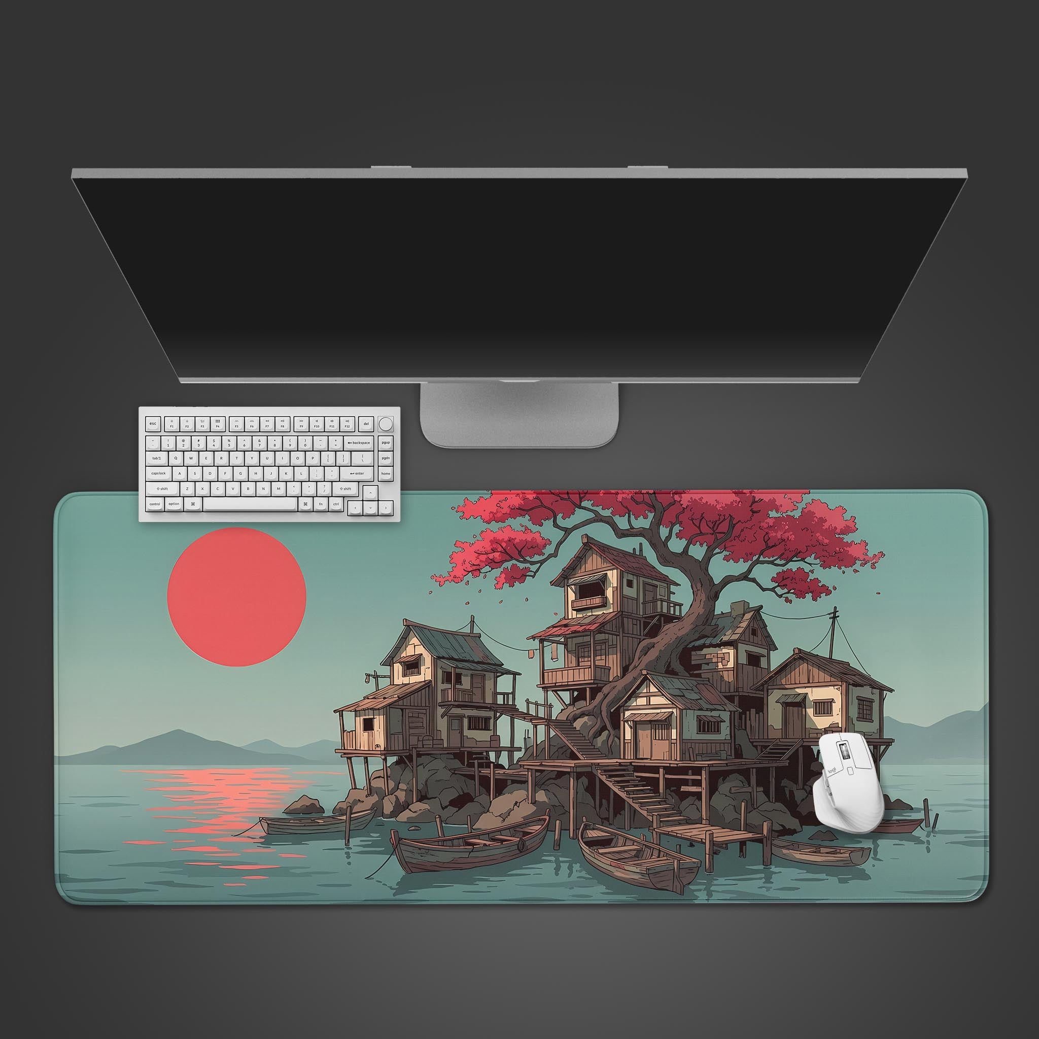 A top-down view of the Harbor Sanctuary Gaming Desk Mat, featuring a Japanese village design. A white keyboard and mouse are placed on the mat below a sleek monitor. - Epic Design Pads & Mousepads
