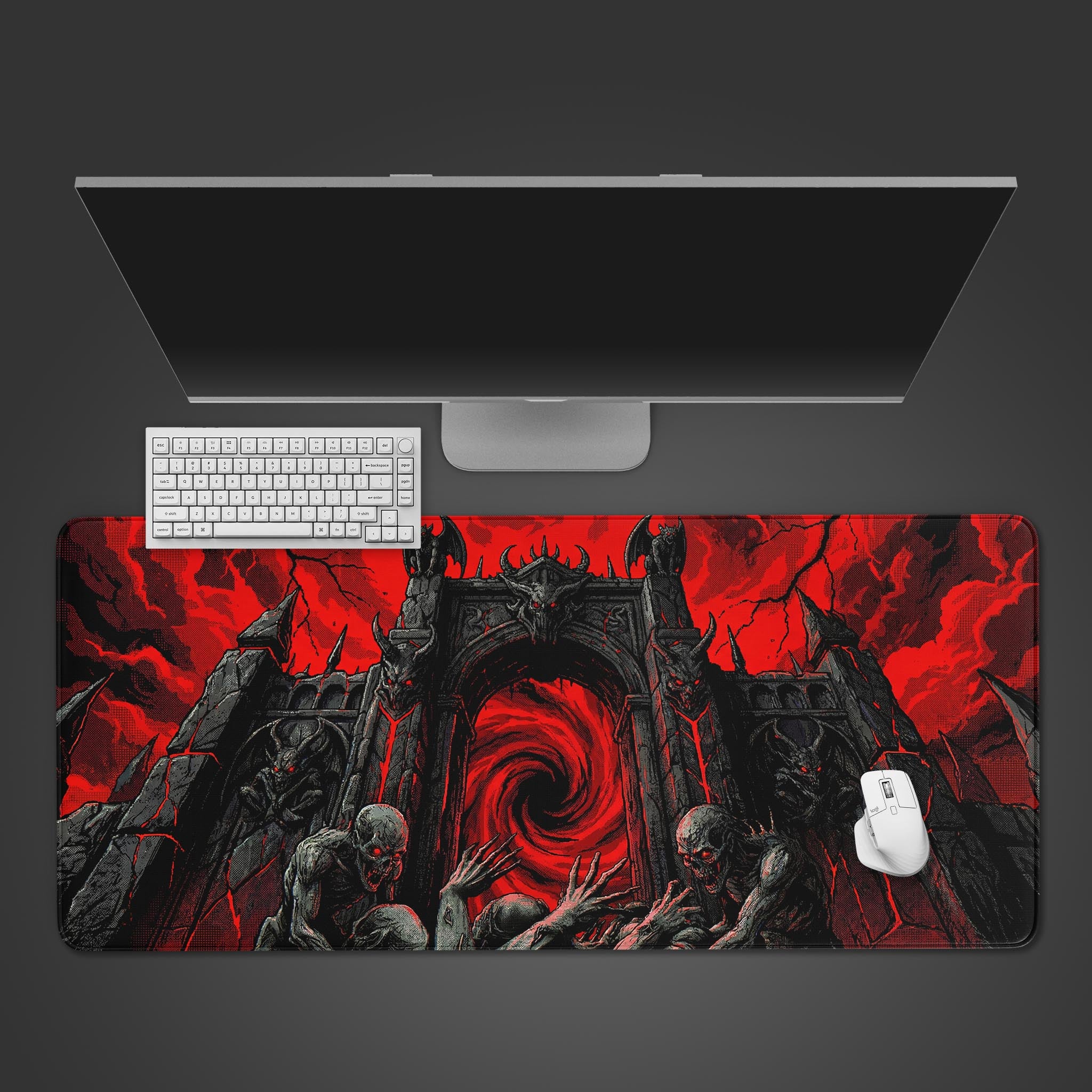 The Hell Gate gaming desk mat shown from a top-down view with a white keyboard and mouse, depicting a demonic gate and red vortex design. - Epic Design Pads & Mousepads