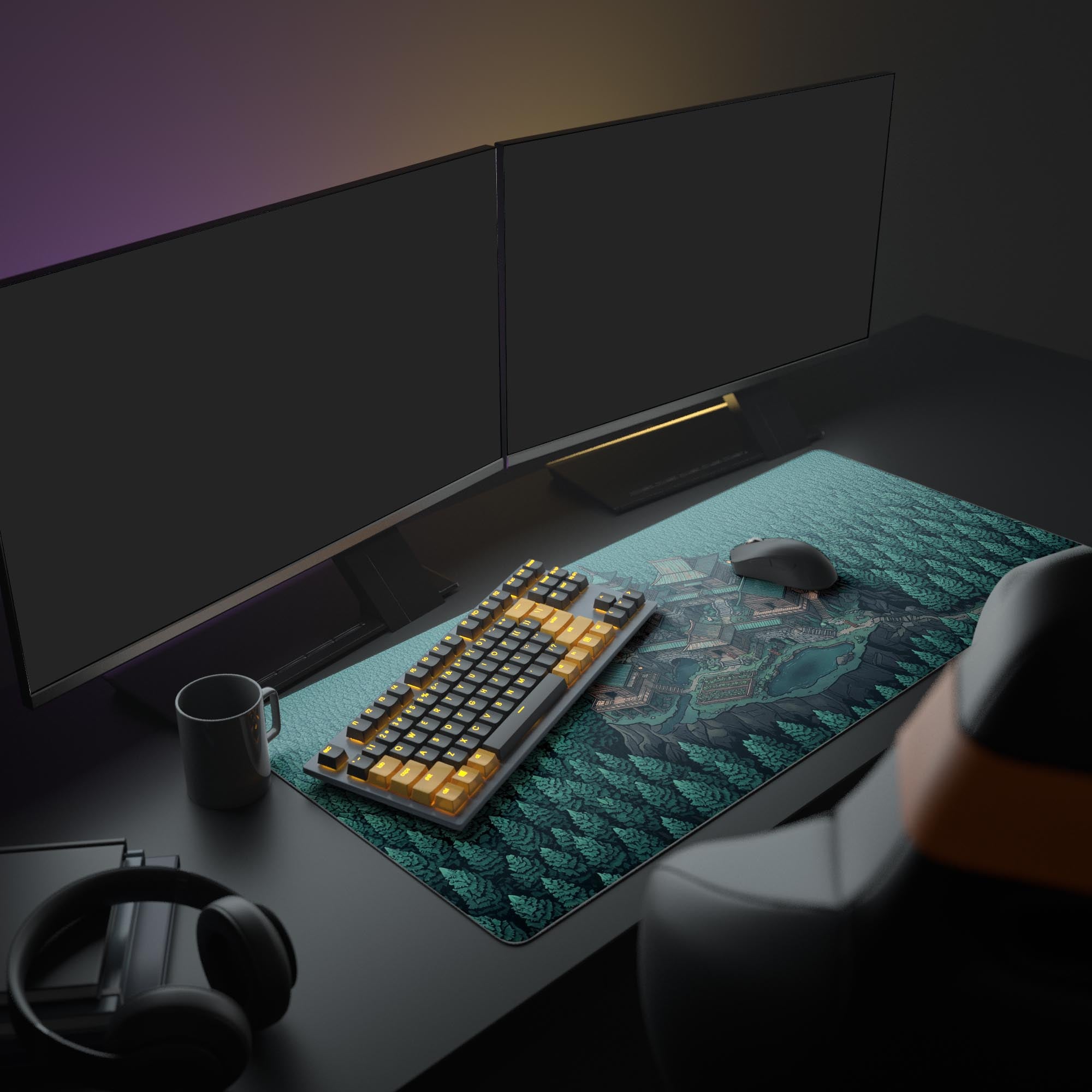 A full gaming PC setup featuring the Hidden Enclave XL mouse pad, with multiple monitors, an illuminated keyboard, and a gaming mouse, creating a focused workspace. - Epic Design Pads & Mousepads