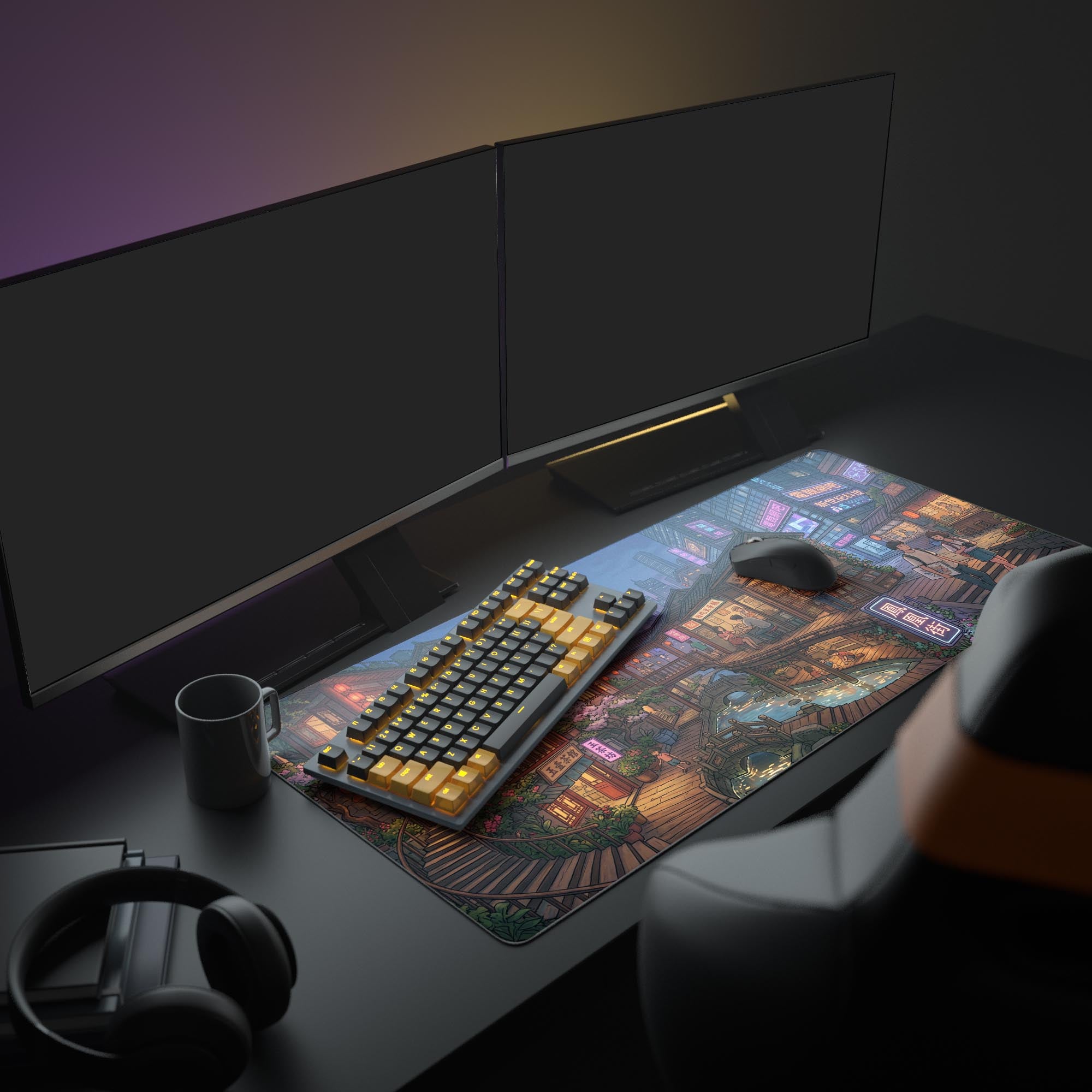 A full PC setup featuring the Hidden Tea Village mouse pad, which showcases a tranquil tea village against a modern city skyline at night. - Epic Design Pads & Mousepads