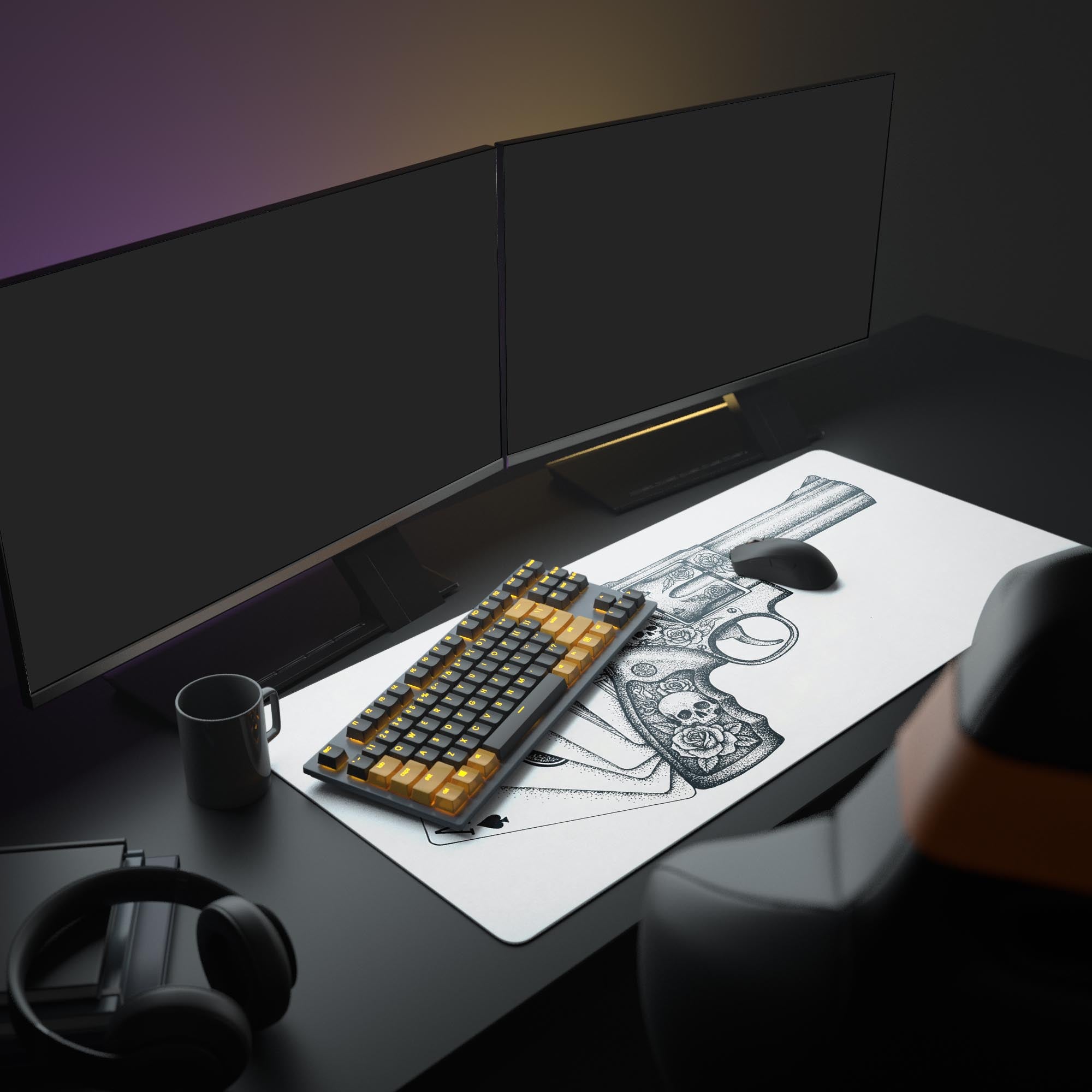 The High Stakes XL mouse pad anchoring a gaming setup with a large monitor, keyboard, and mouse, showcasing its dark fantasy tattoo-style artwork. - Epic Design Pads & Mousepads