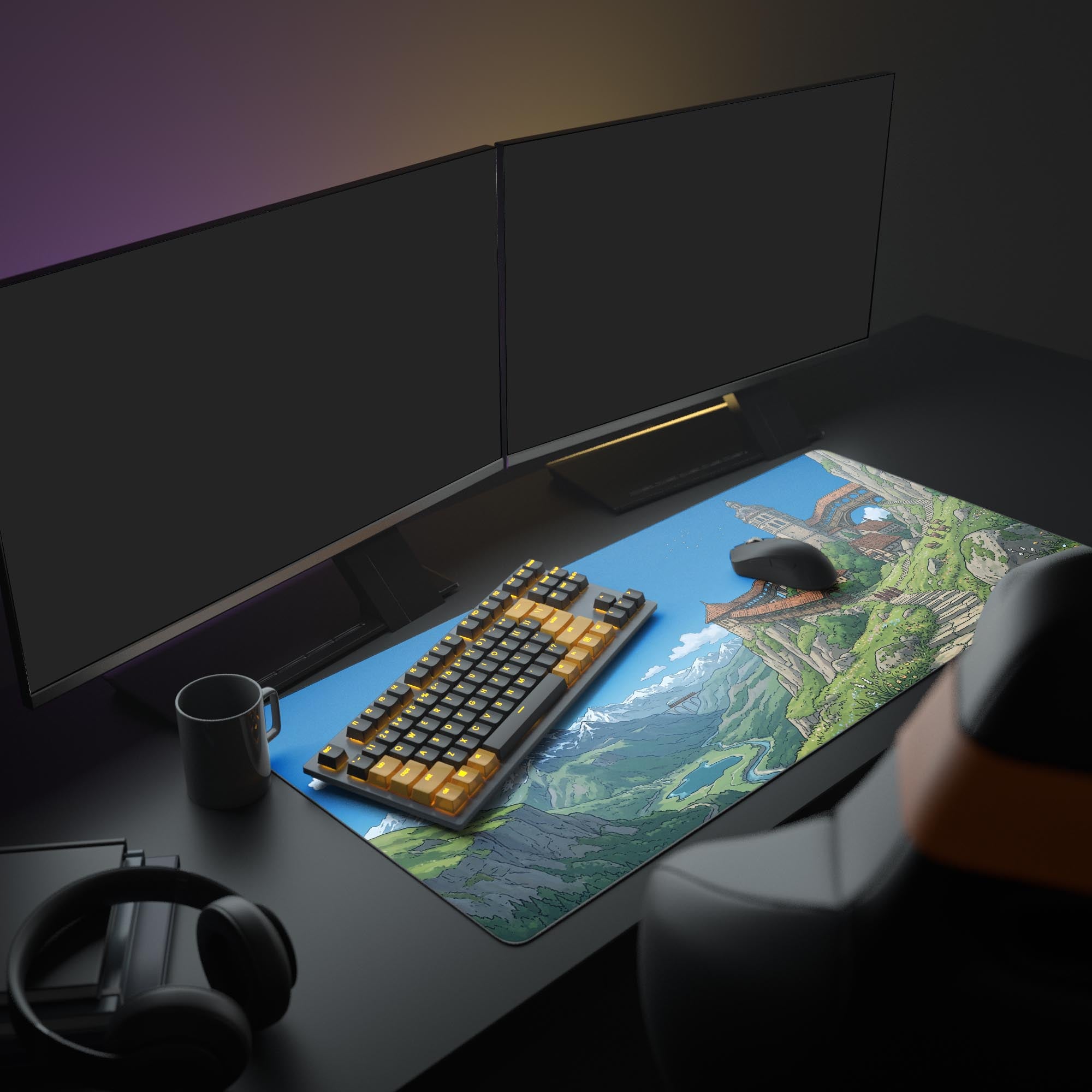 A cozy PC setup featuring the Highland Escape Mouse Pad, showcasing the beautiful anime landscape design beneath a large monitor and keyboard. - Epic Design Pads & Mousepads