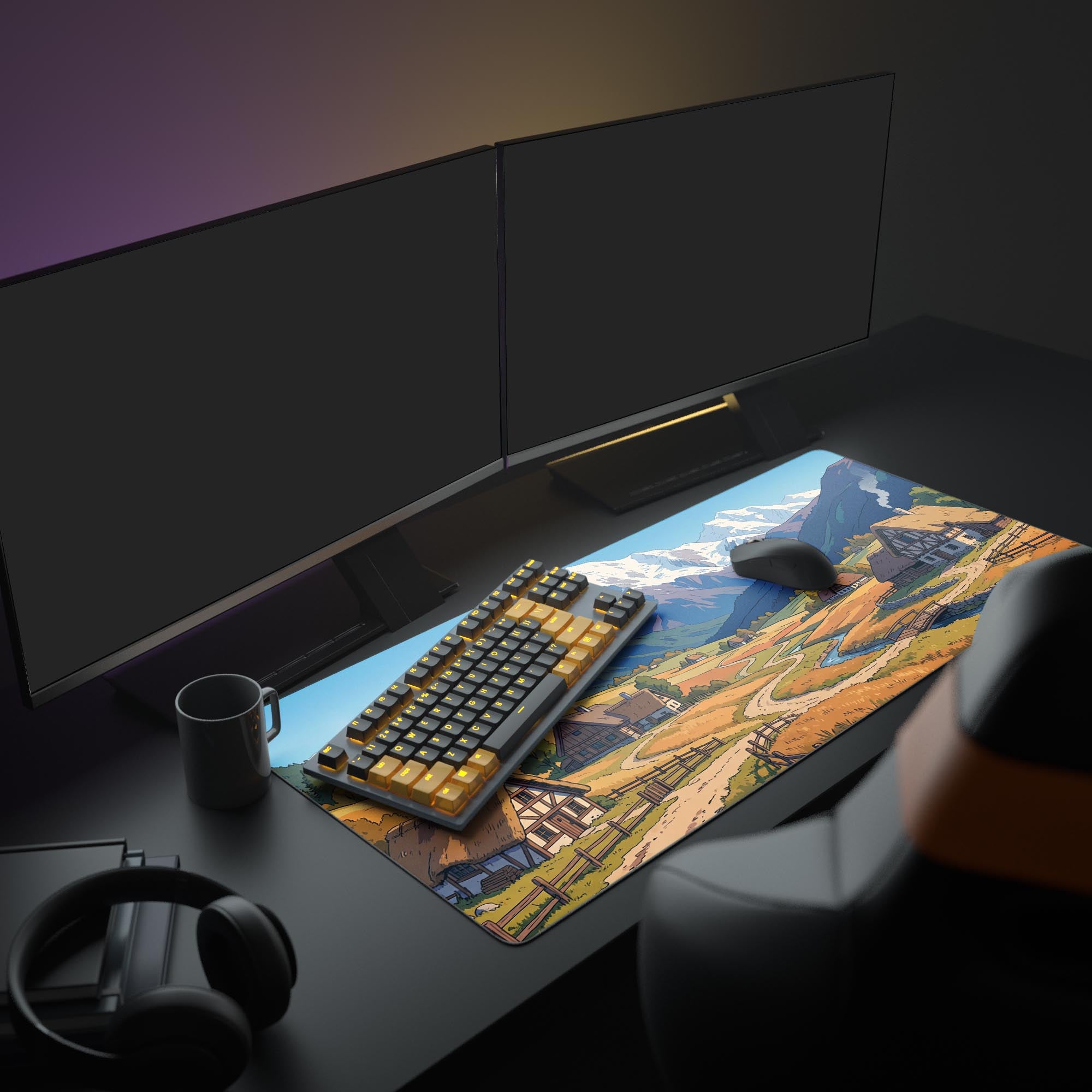 Large Highland Morning aesthetic desk mat displayed in a cozy desk setup with a monitor, plant, and coffee mug. - Epic Design Pads & Mousepads