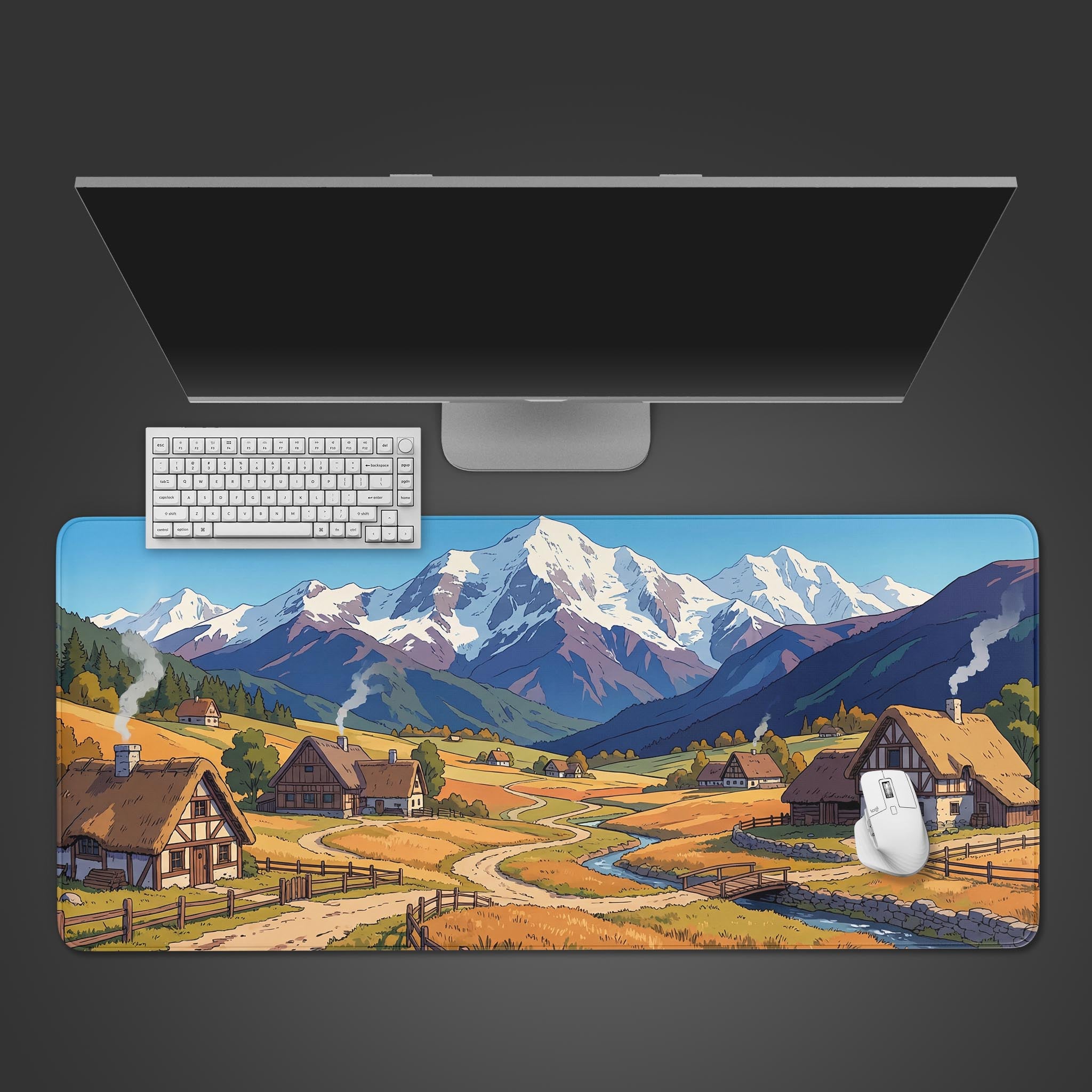 Highland Morning aesthetic desk mat featuring a serene valley village design, shown on a desktop with a white keyboard and mouse. - Epic Design Pads & Mousepads