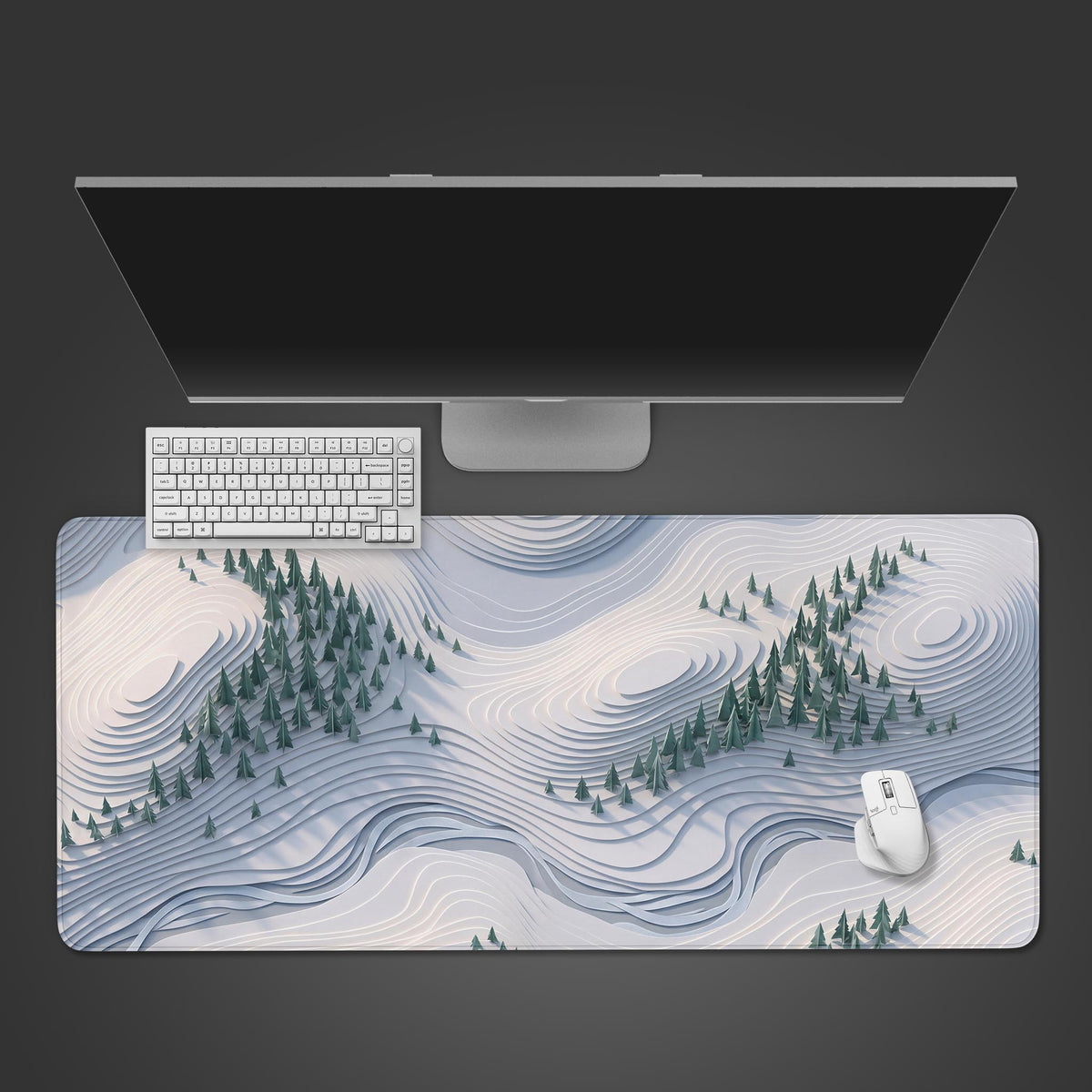 Hoarfrost Pines white pine forest abstract desk mat featuring 3D topographic contours and geometric trees