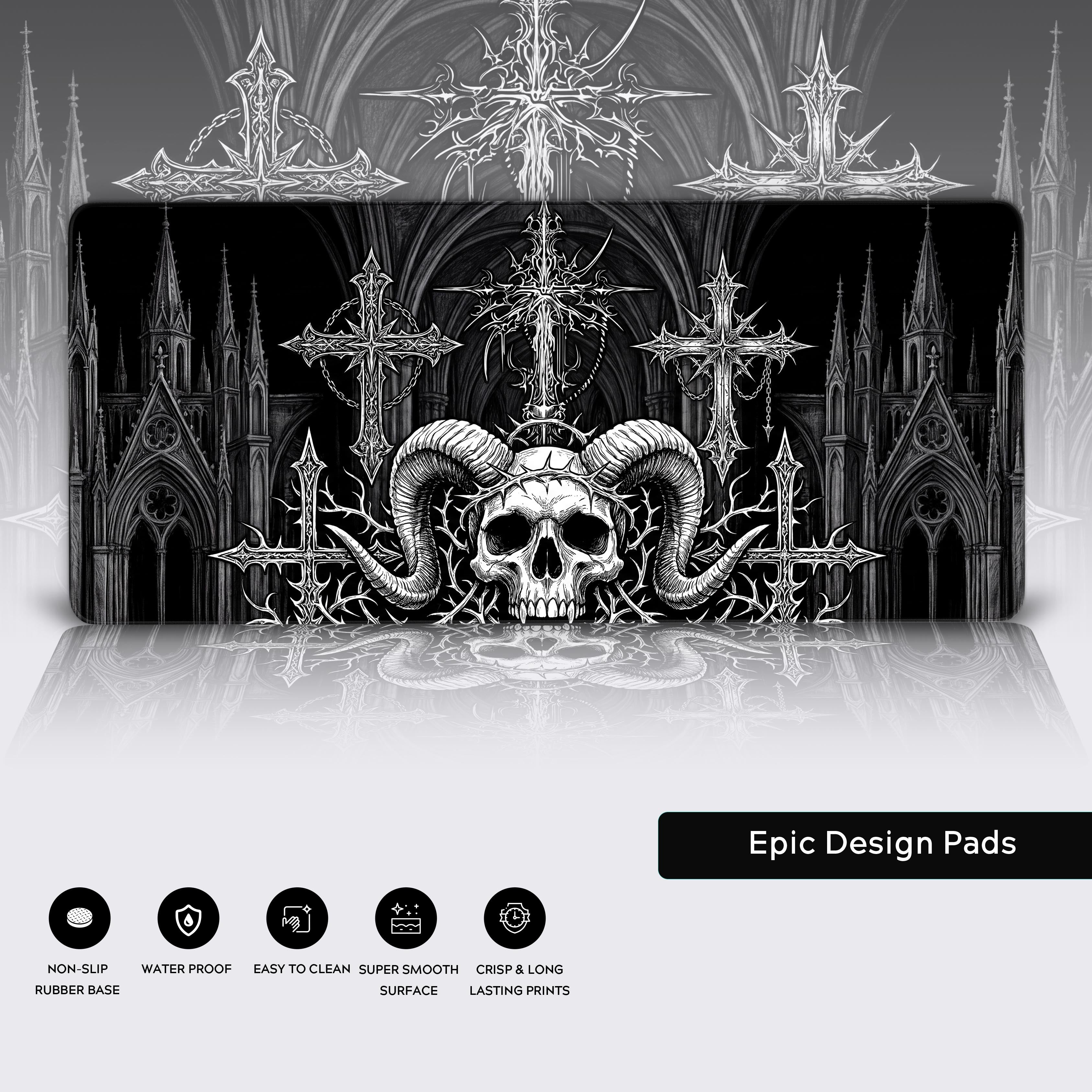 Full view of the gothic cathedral and horned skull desk mat highlighting its striking black and white aesthetic.