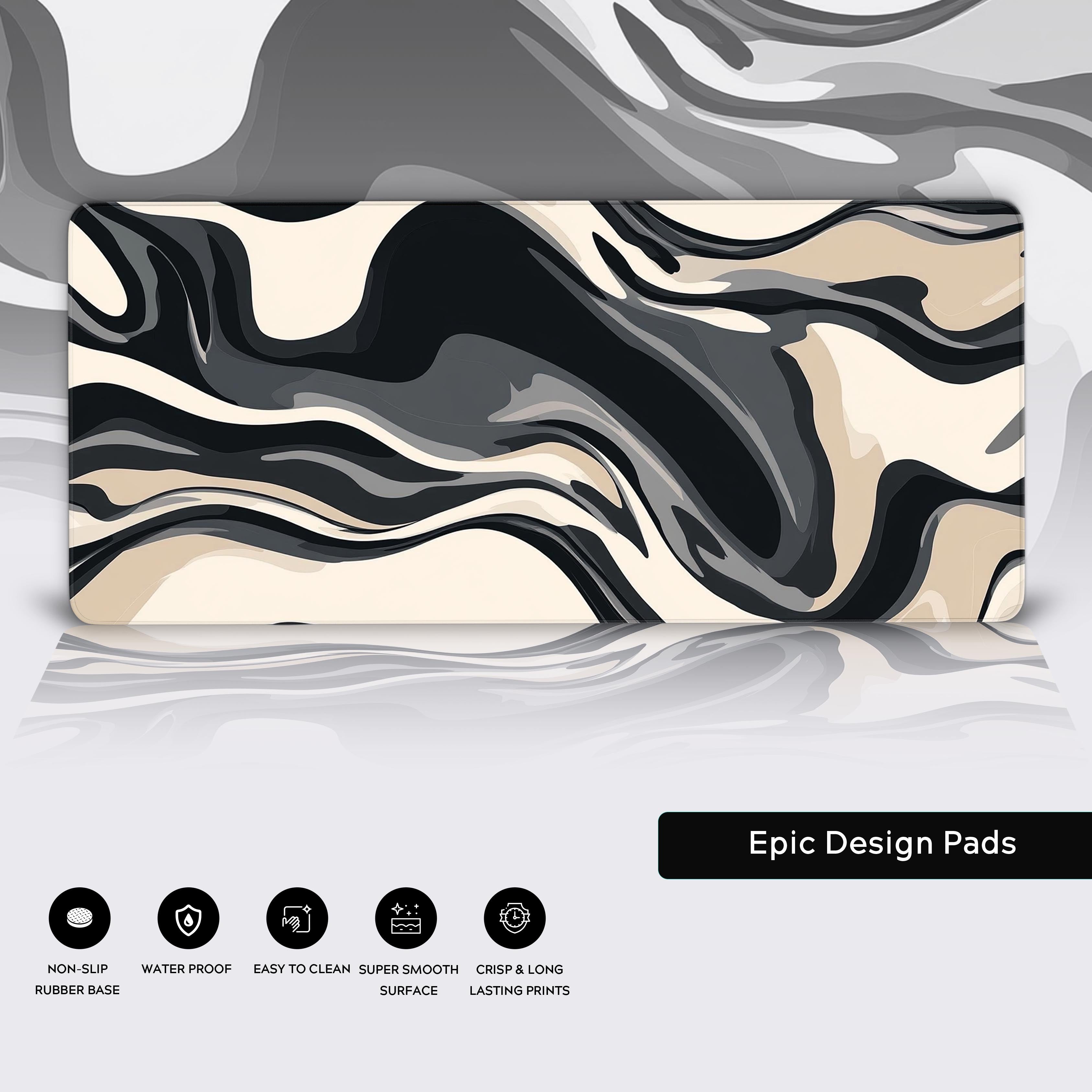 Abstract wavy pattern with a fluid, organic design, resembling marbled textures or camouflage. A dynamic composition featuring smooth, interwoven shapes in shades of black, cream, gray, and beige. High contrast between dark and light tones, creating a bold yet harmonious flow. Minimalistic, modern, and stylish, evoking a sense of movement and visual depth.