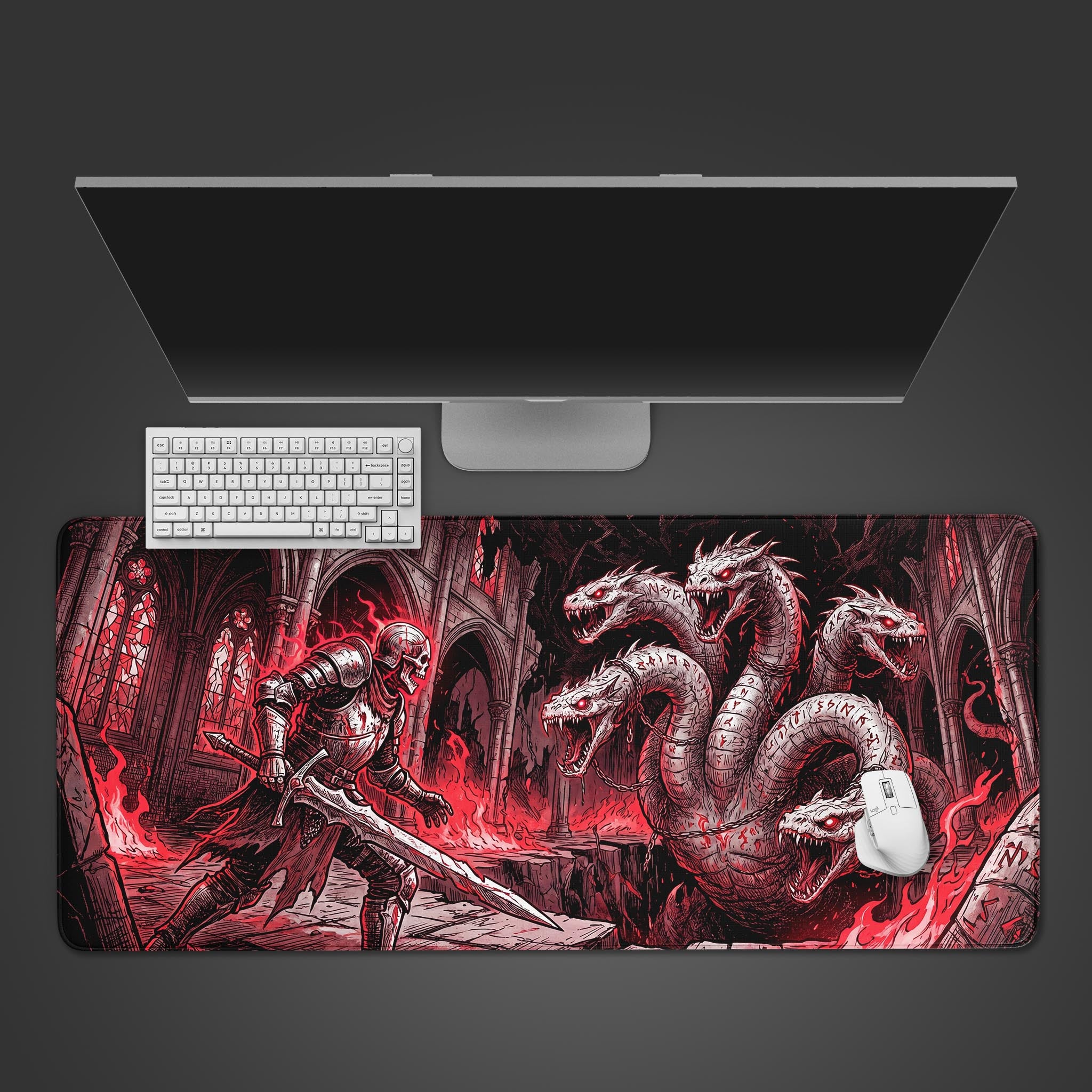 A dark fantasy desk mat displaying a thrilling battle between a skeletal knight and a massive runic hydra in a fiery ruined cathedral.