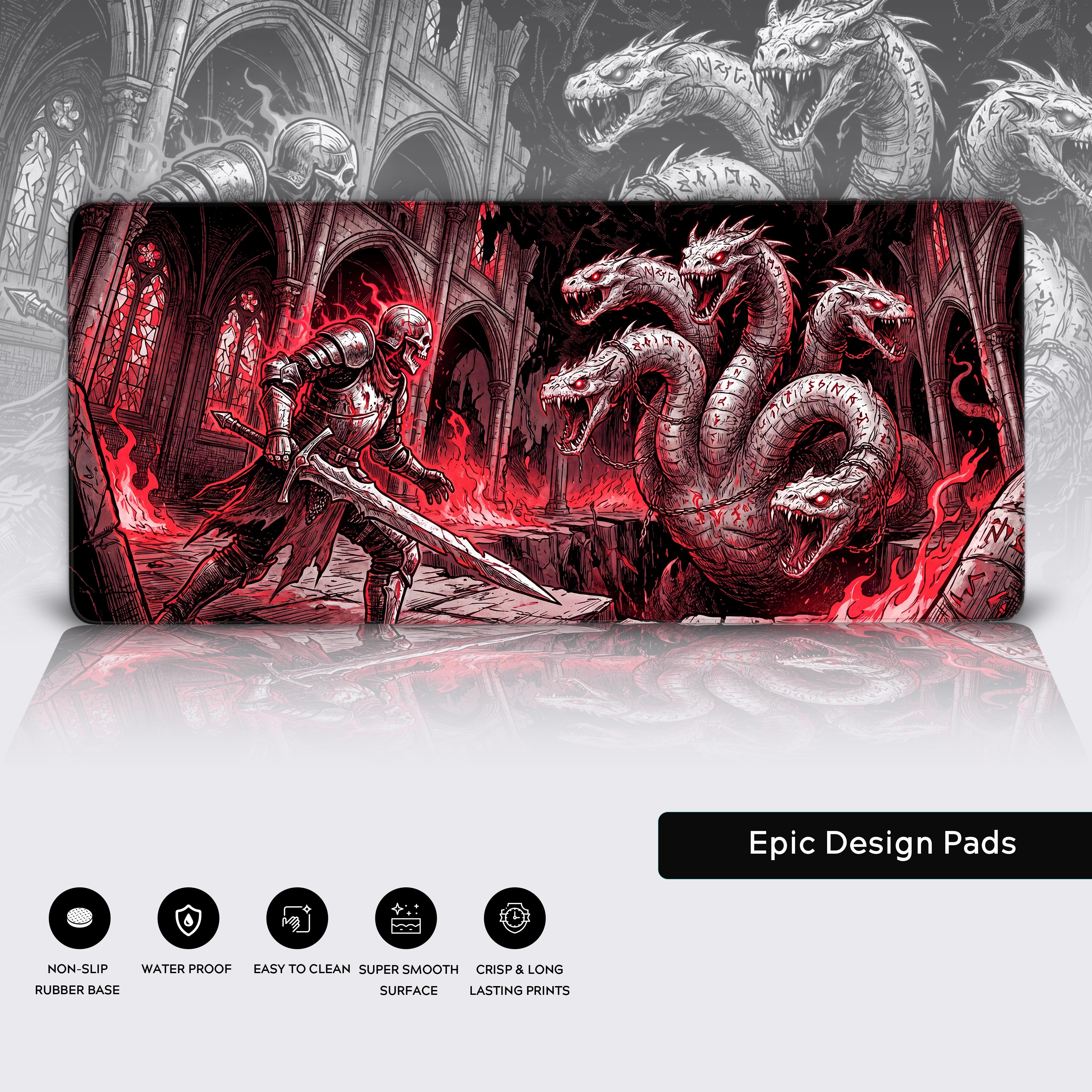 Iconography highlighting the desk mat's premium features: non-slip rubber base, waterproof coating, easy to clean, super smooth surface, and long-lasting prints.