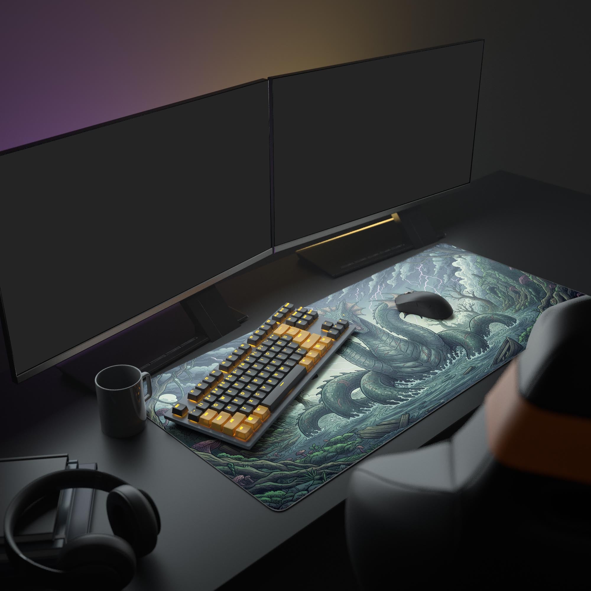 Large Hydra's Fury gaming desk mat in a complete battlestation setup with dual monitors, RGB lighting, and gaming peripherals. - Epic Design Pads