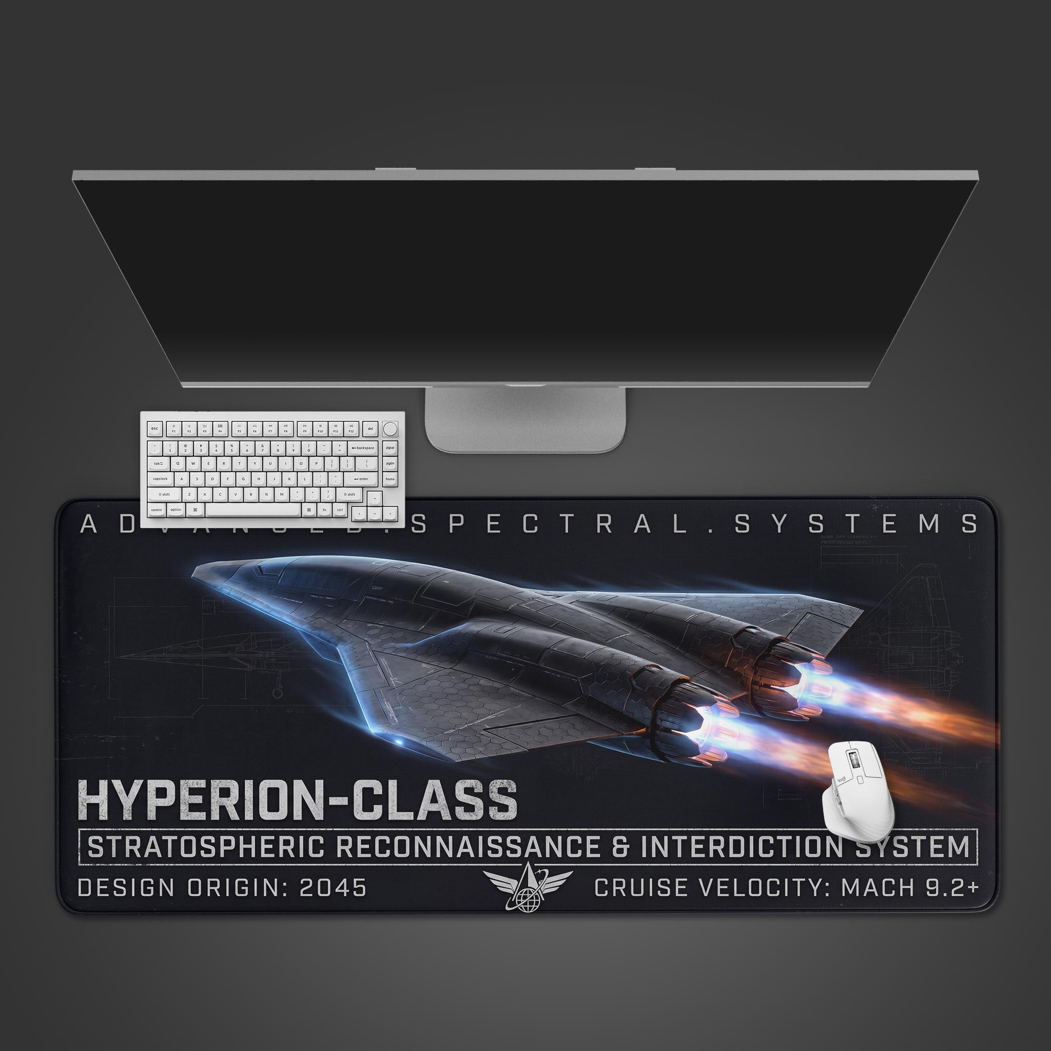 Futuristic Hyperion-Class stealth jet desk mat with glowing blue and orange thrusters on a dark blueprint background