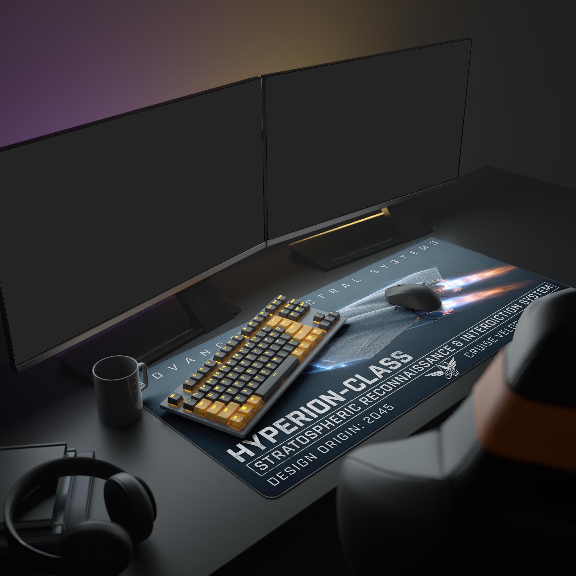 Close-up of military sci-fi aerospace mouse pad design showing Mach 9.2+ technical specs and schematics