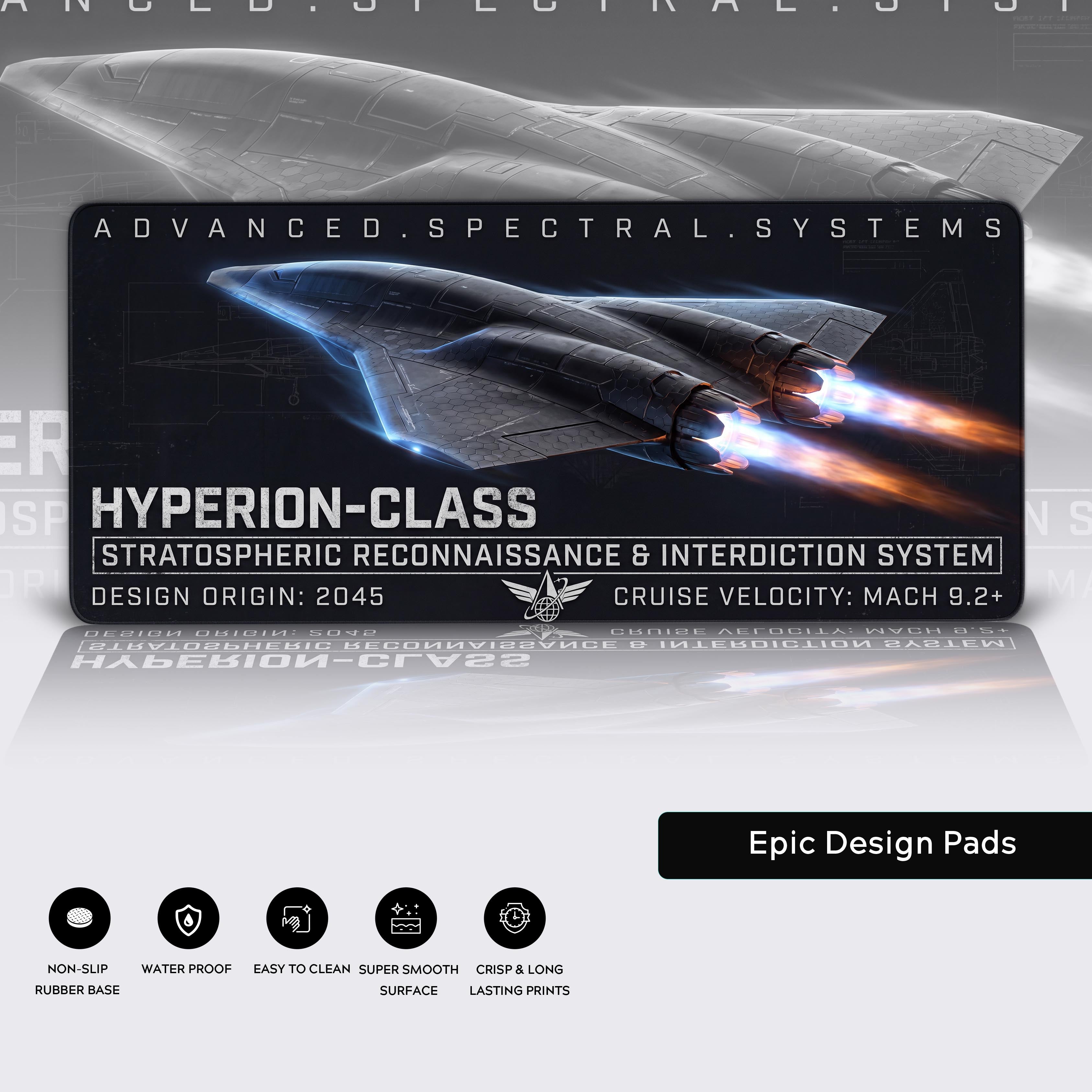 Epic Design Pads desk mat showcasing non-slip rubber base, waterproof, and super smooth surface feature icons alongside sci-fi jet art
