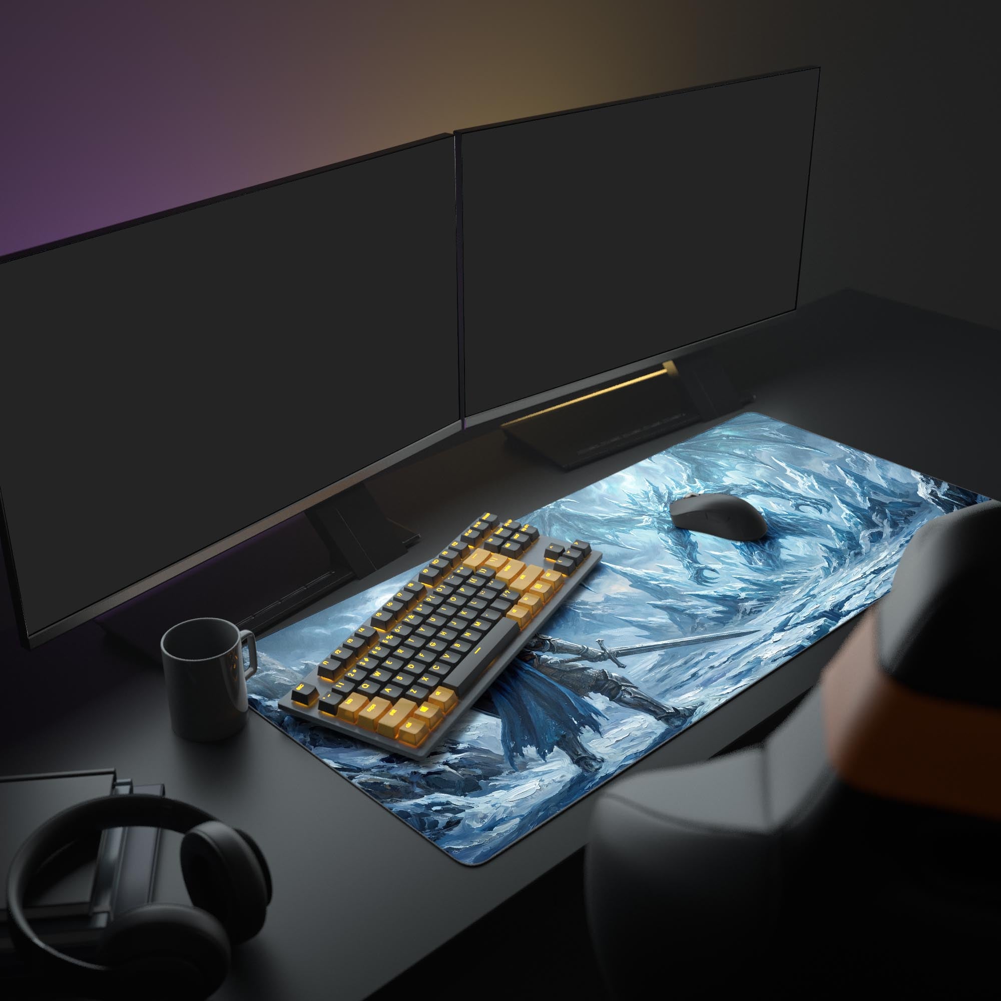 Close-up of frozen wasteland and dragon artwork on gaming mouse pad
