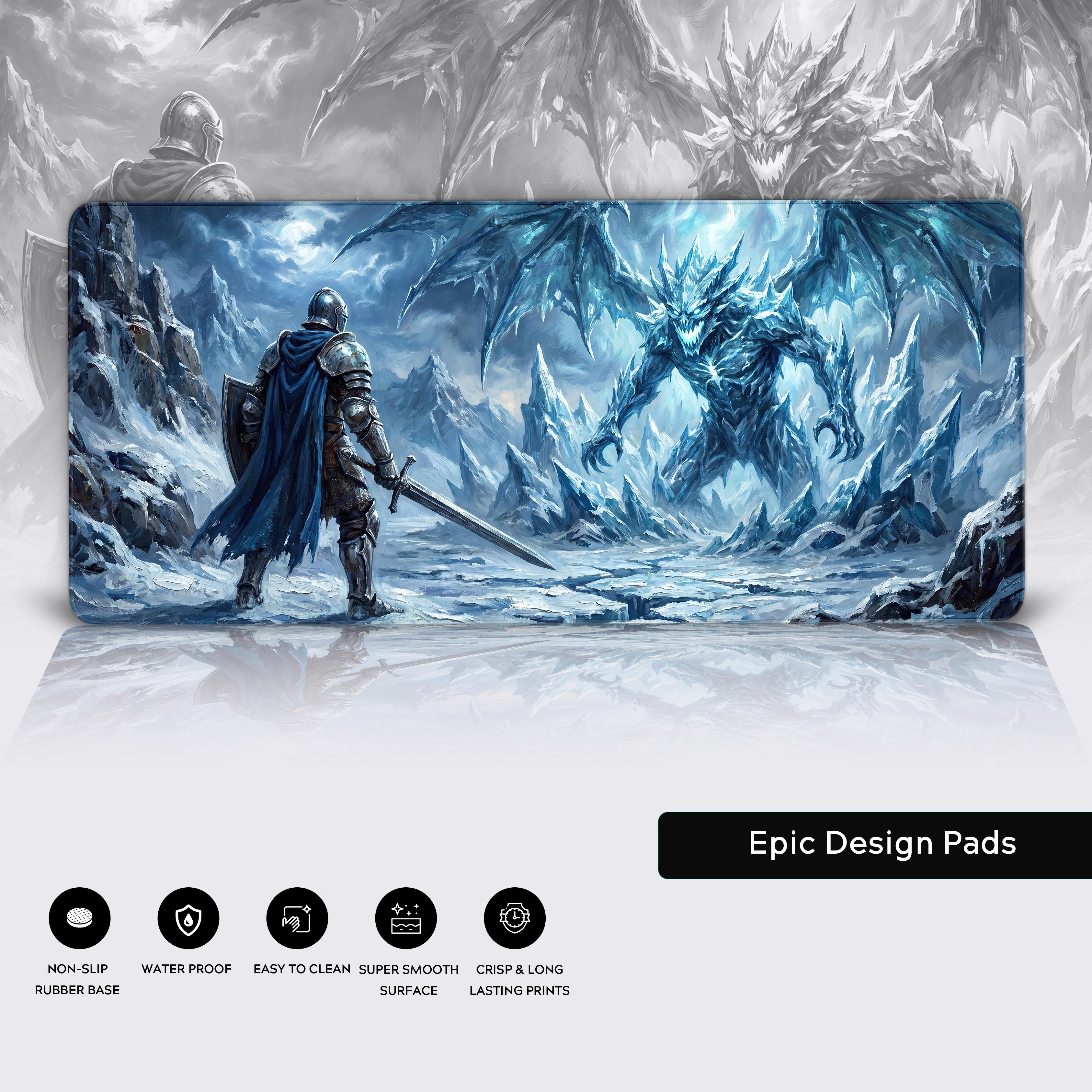 Frostbound knight facing a glacial dragon desk mat layout