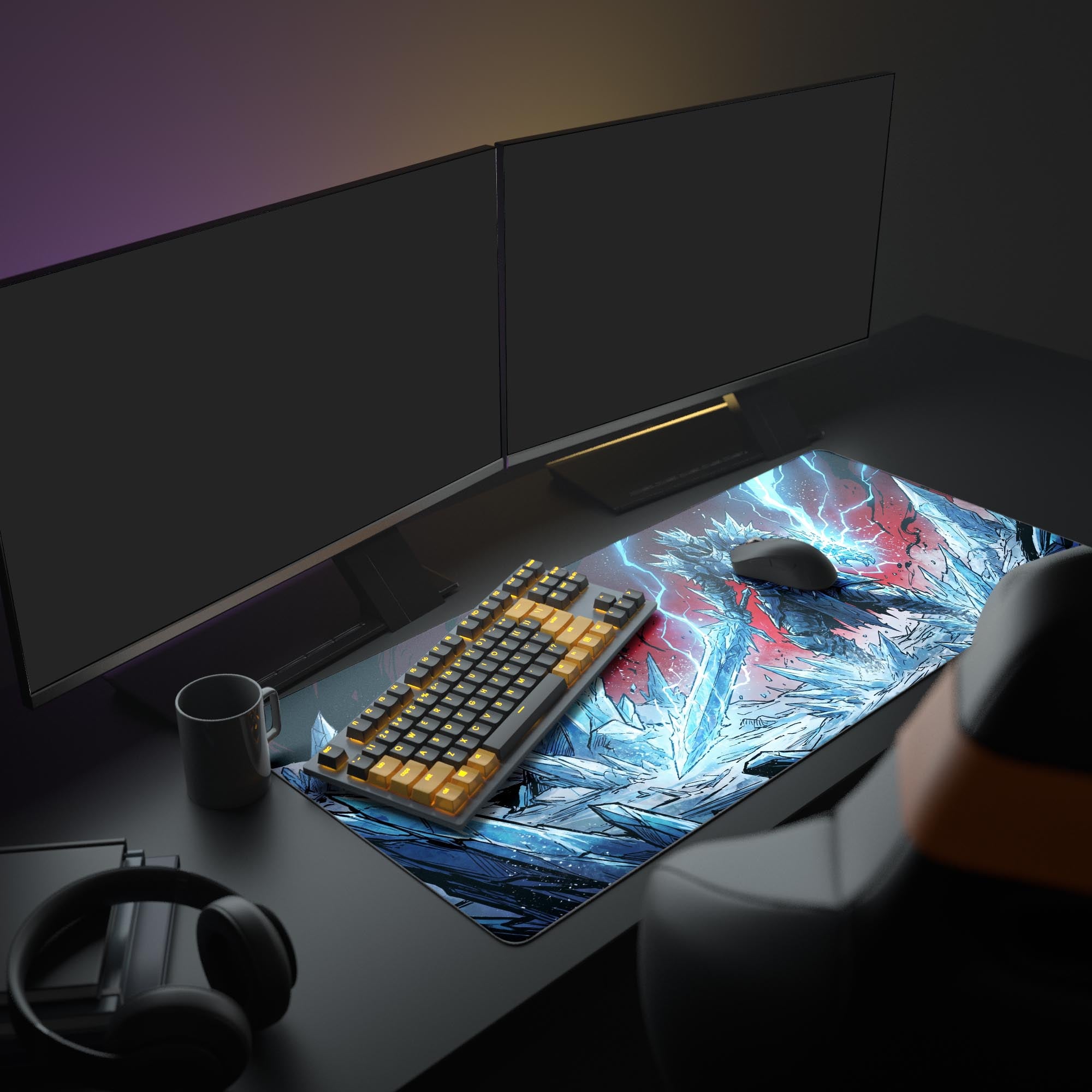 Close-up of the epic dark fantasy artwork showing crackling ice magic and jagged frozen crystals on the gaming mouse pad.