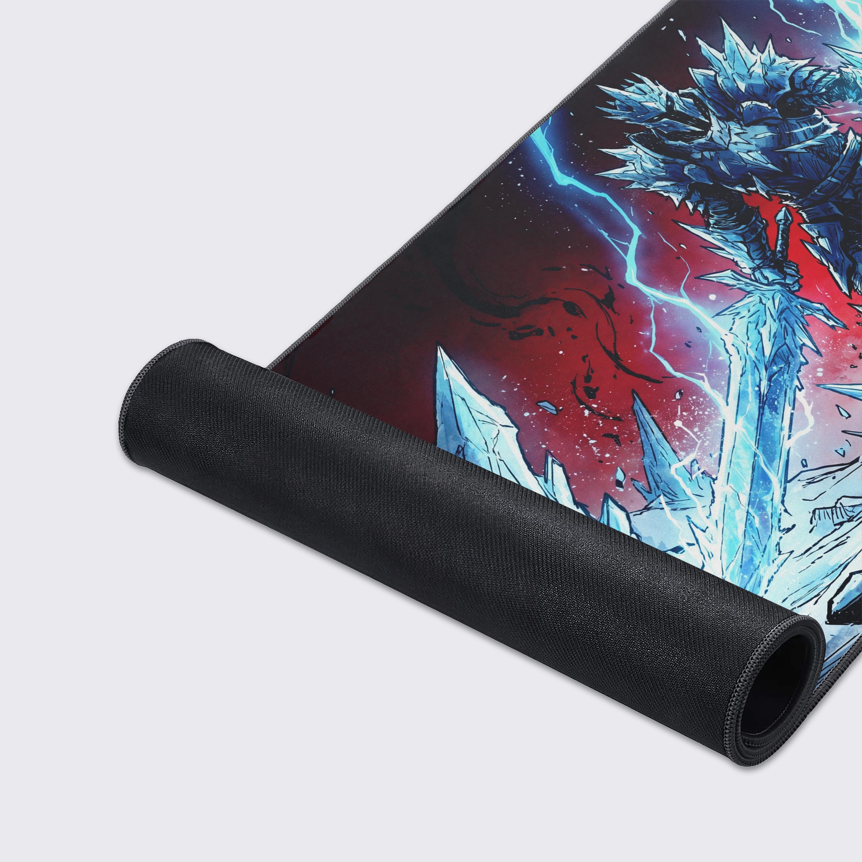 Product feature icons highlighting the desk mat's non-slip rubber base, water-proof surface, and easy-to-clean design.