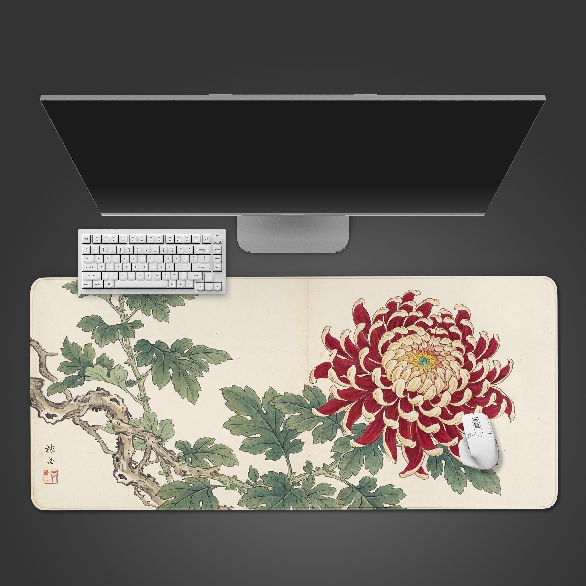 Imperial Bloom Japanese desk mat with crimson chrysanthemum design. Top-down view of an aesthetic desk setup with a keyboard and mouse. - Epic Design Pads & Mousepads