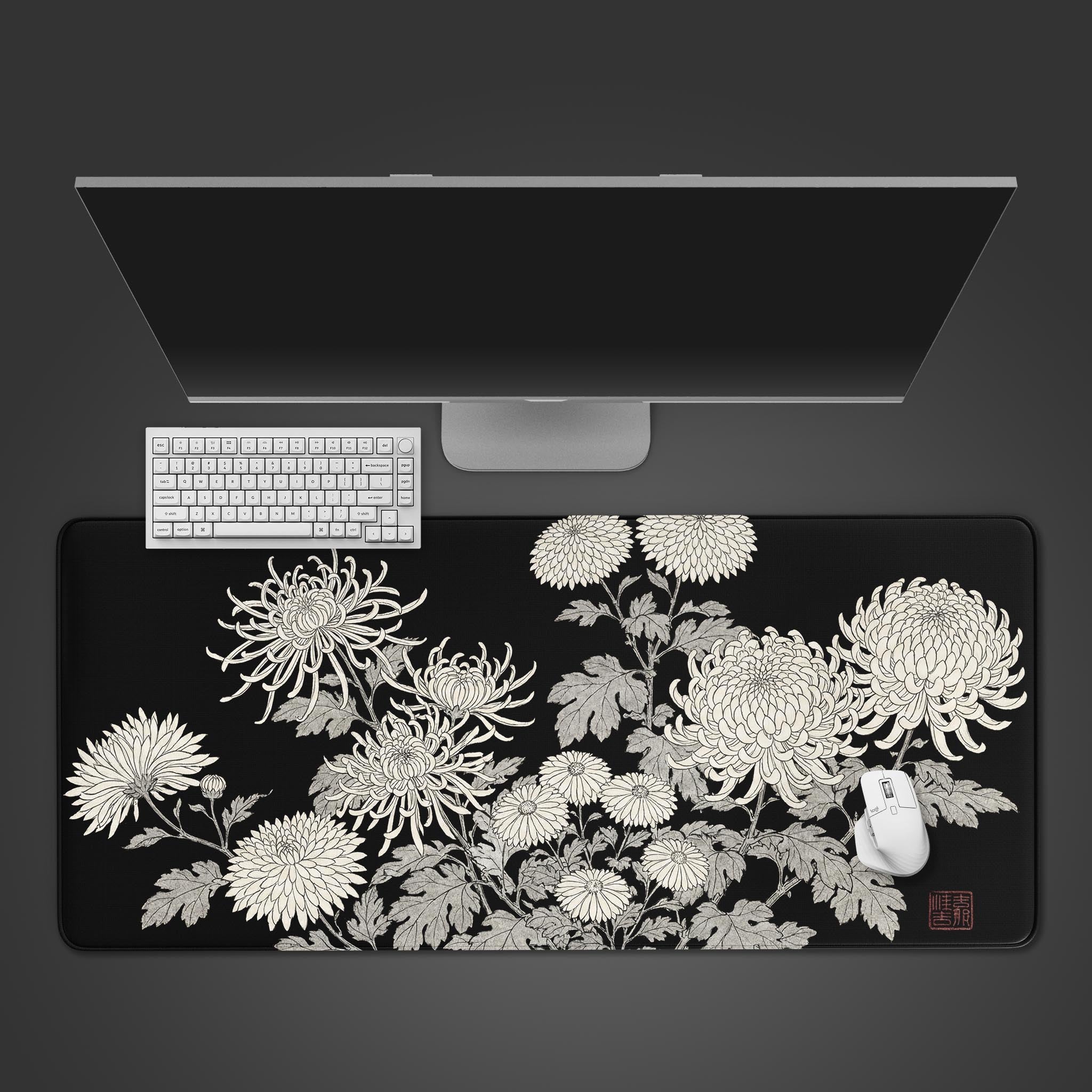 Top-down view of the Imperial Noir Japanese art gaming desk mat featuring white chrysanthemums, shown with a minimalist white keyboard and mouse. - Epic Design Pads & Mousepads
