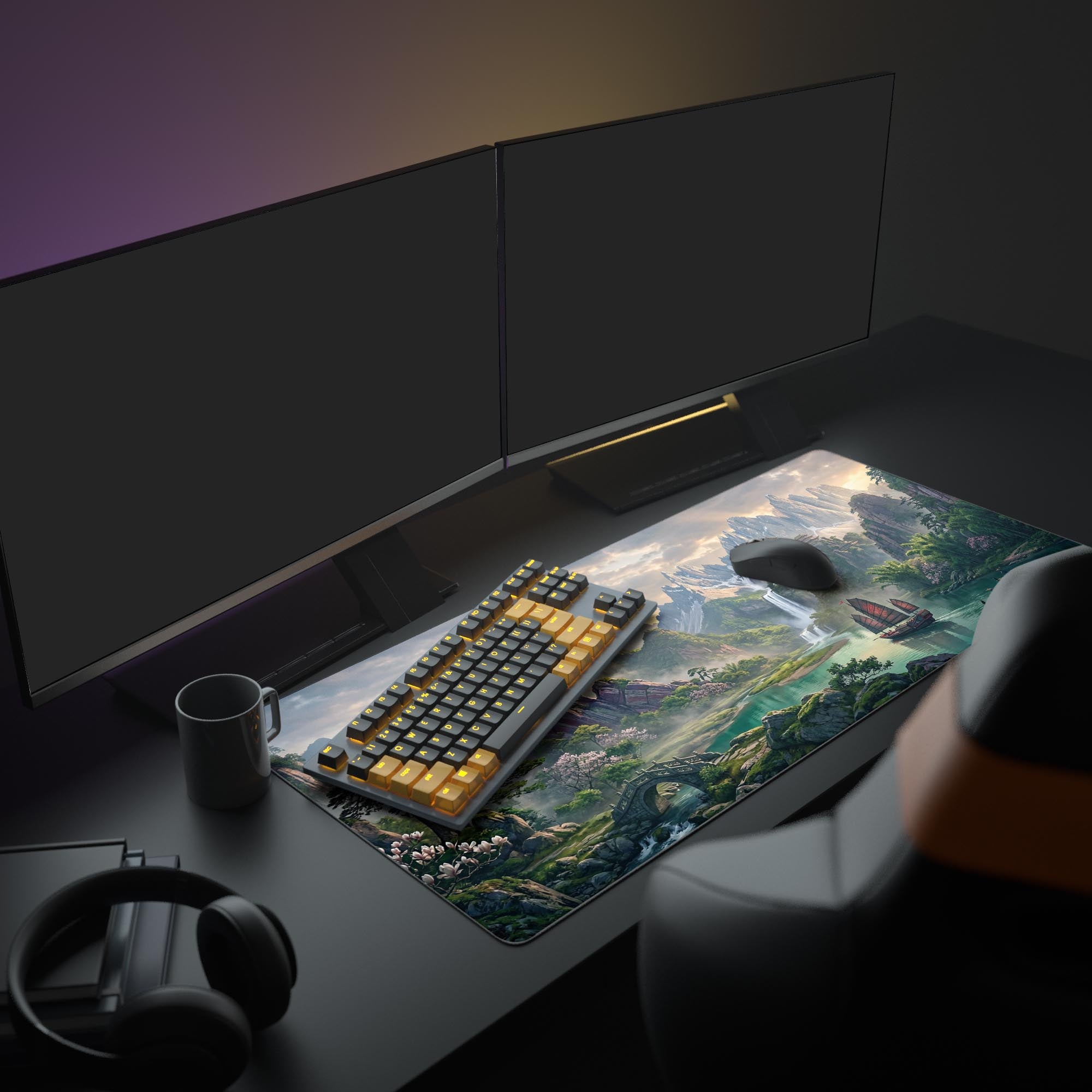 The Imperial River Valley desk mat shown in a complete PC setup, its vast mountain and river design beautifully complementing the monitor and peripherals. - Epic Design Pads & Mousepads