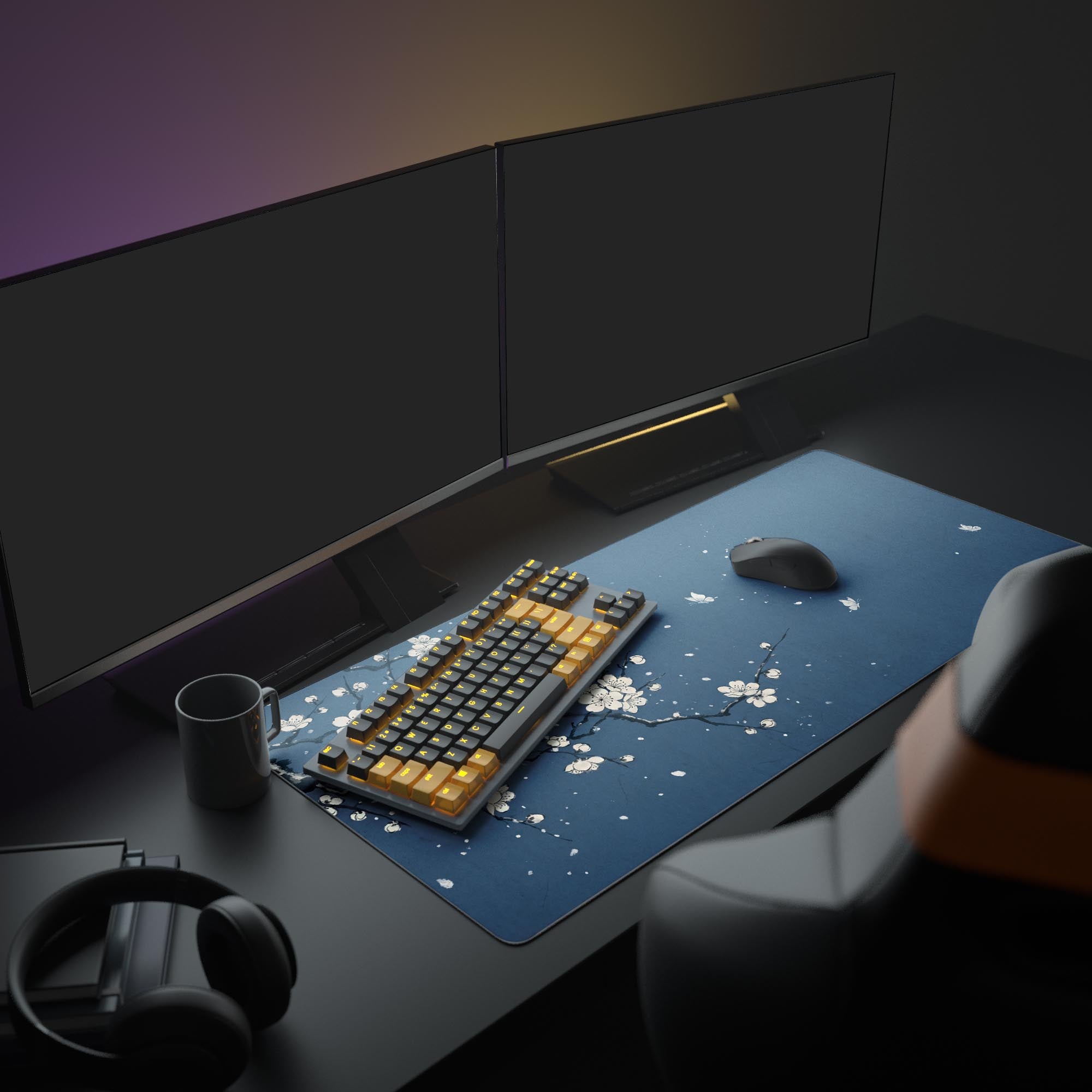 A minimalist desk setup showcasing the blue Indigo Sakura mouse pad under dual monitors, a glowing keyboard, and a white mouse, creating a calm and focused workspace. - Epic Design Pads & Mousepads