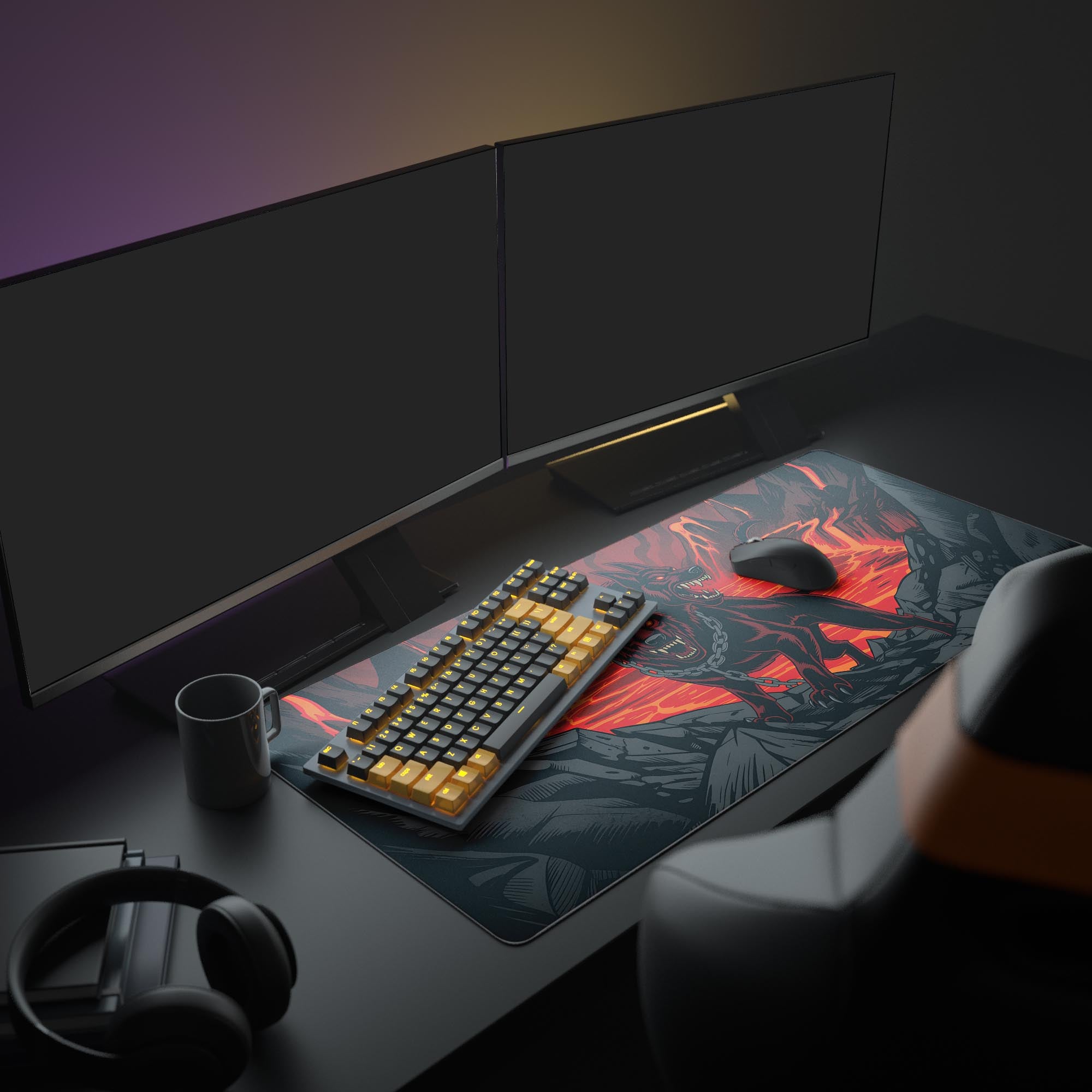 Large Infernal Hellhound desk mat with fiery design – shown in gaming setup with dual monitors and gaming accessories. - Epic Design Pads