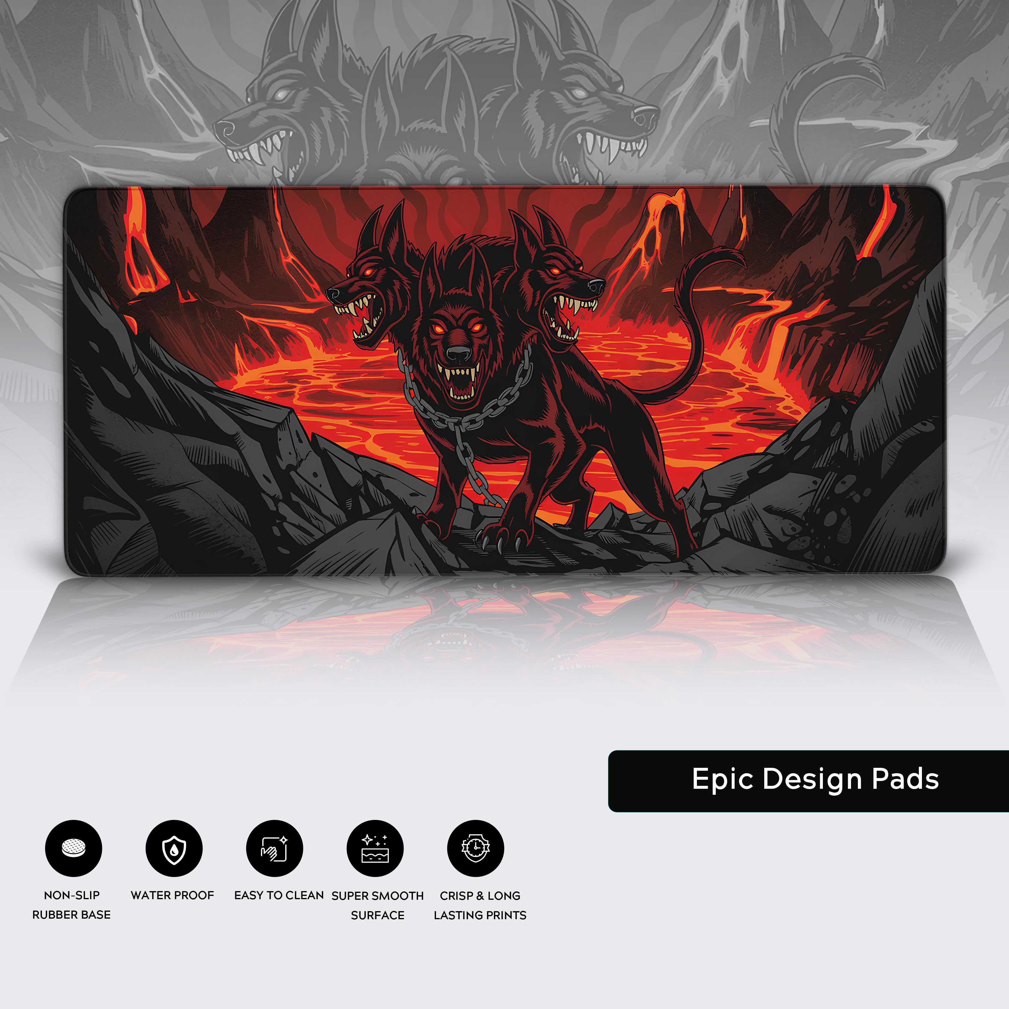 Infernal Hellhound desk mat with fiery design and stitched edges – non-slip mouse pad for gamers with durability features. - Epic Design Pads