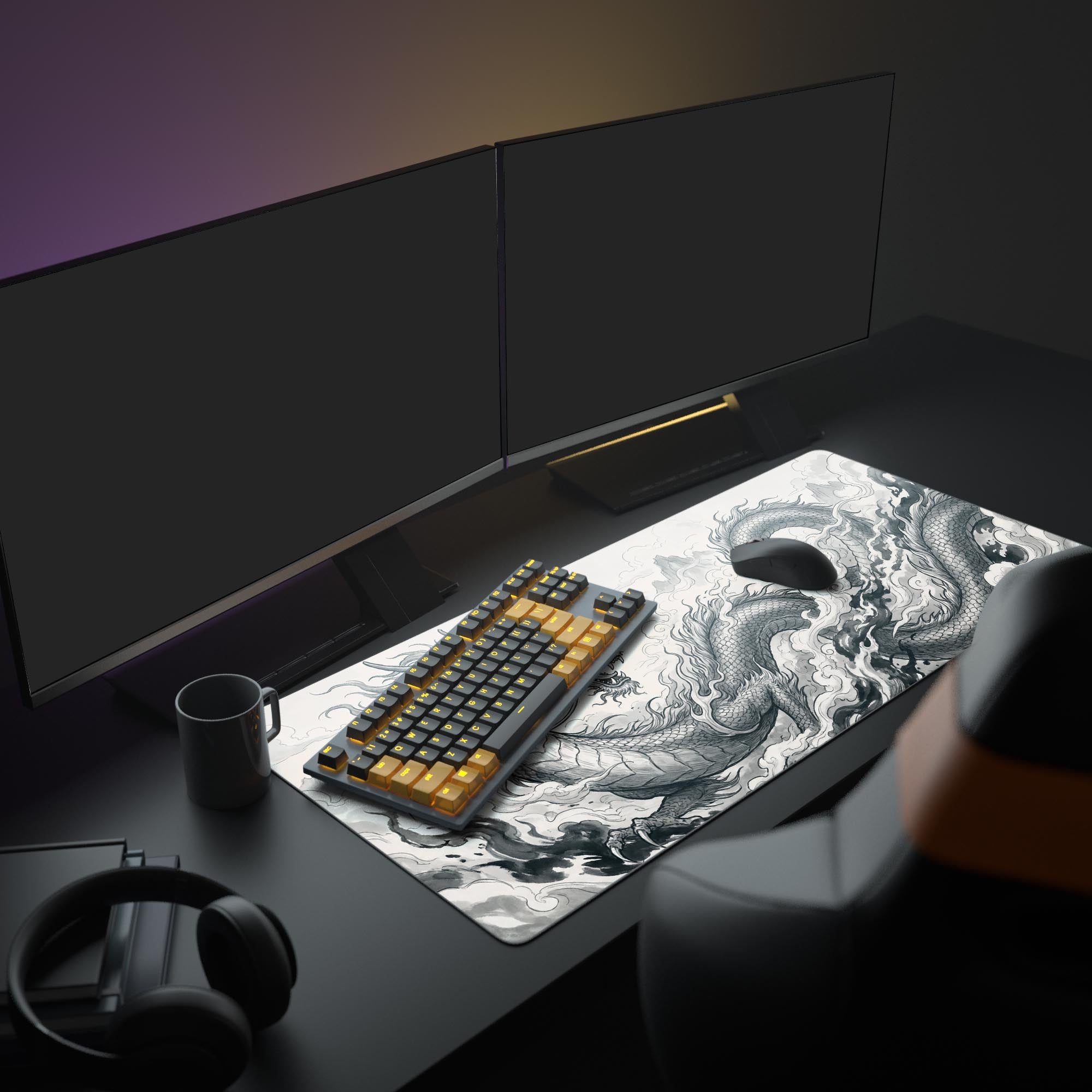 A minimalist desk setup featuring the Ink Ascendant gaming desk mat with a large monitor, white mechanical keyboard, and ergonomic mouse, highlighting the dragon design. - Epic Design Pads & Mousepads