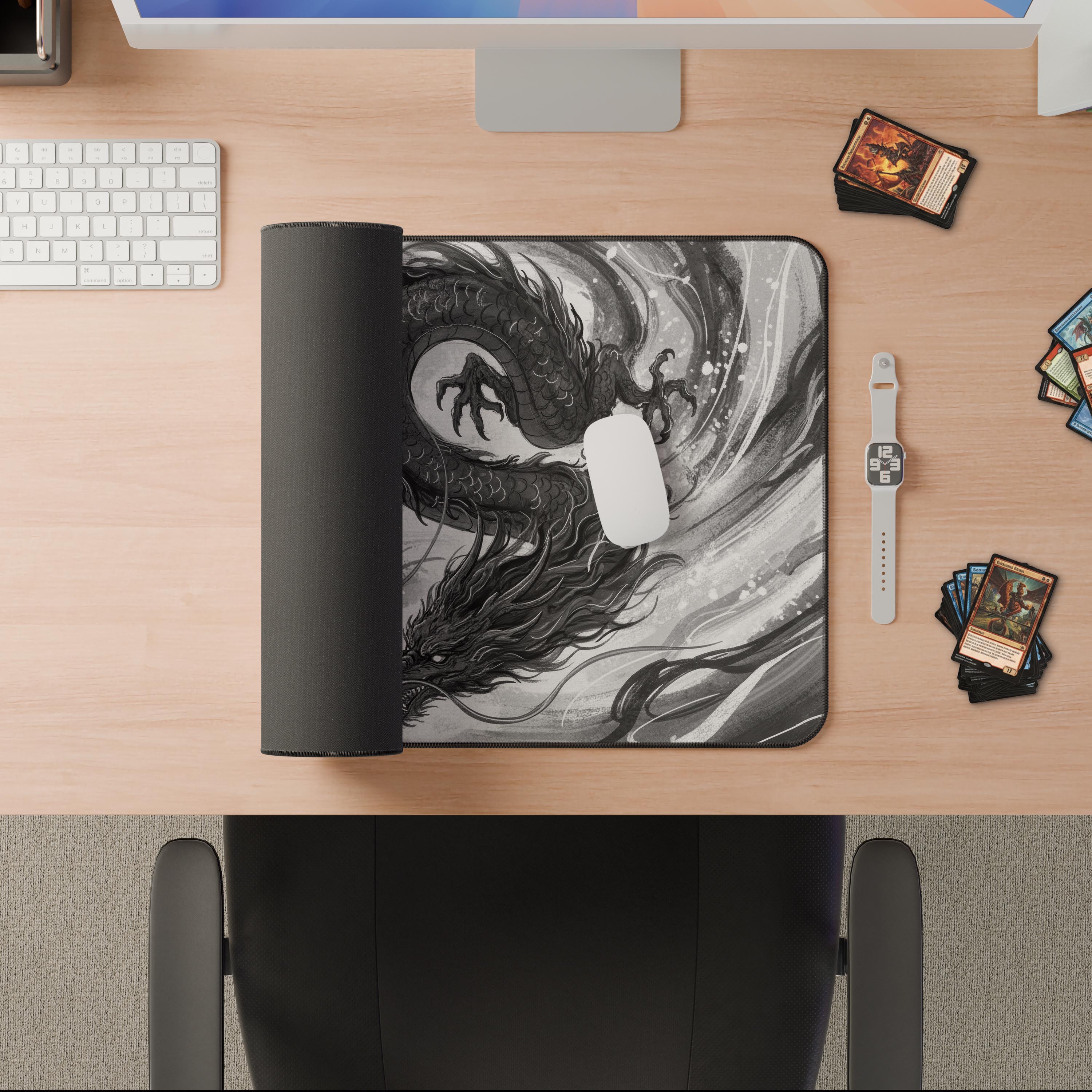 Ink-wash style black dragon playmat with calligraphy, used as a desk mat for trading card games and workspace decor - Epic Design Pads & Mousepads