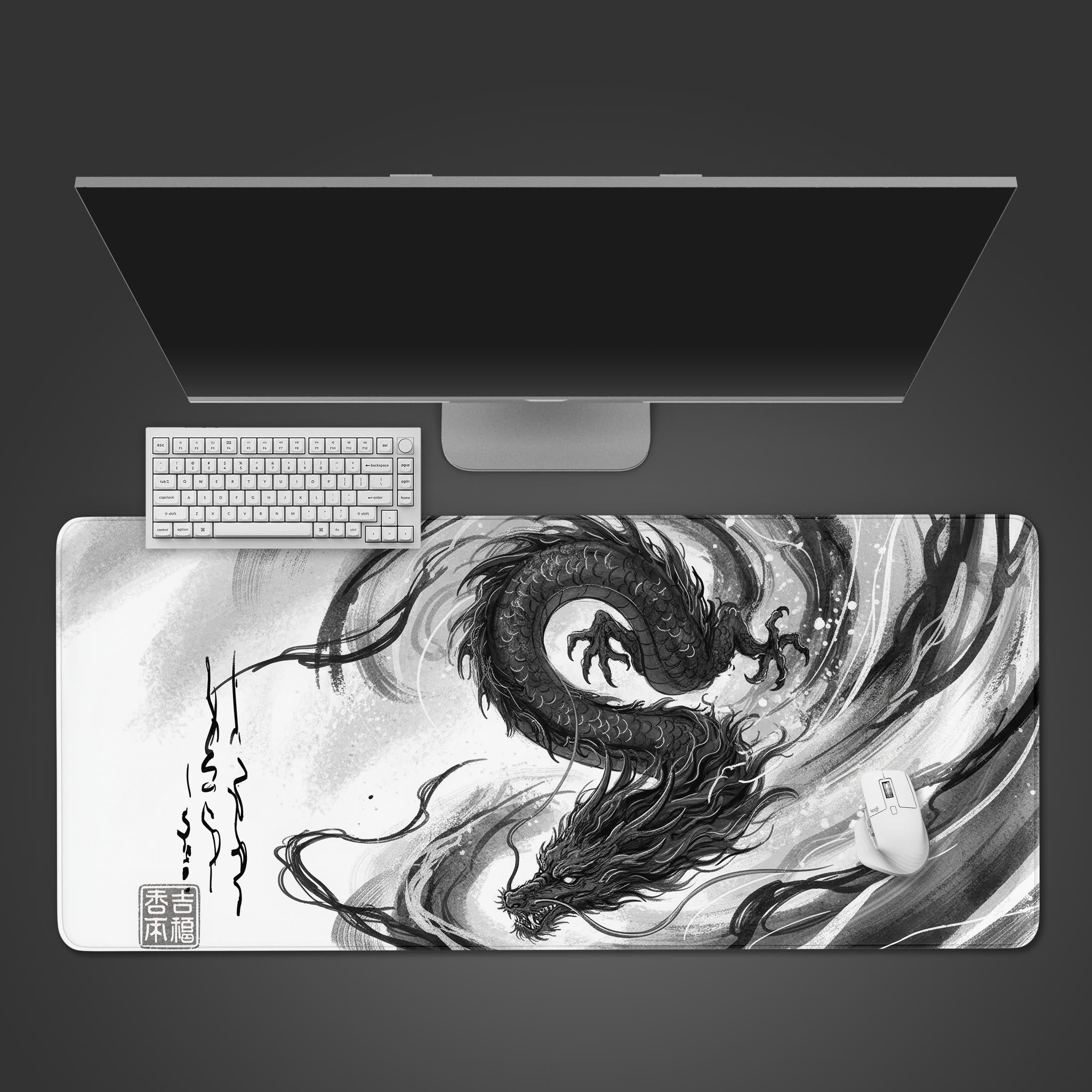 Ink-wash style black dragon desk mat with calligraphy on a white background, featuring sumi-e art and non-slip rubber base - Epic Design Pads & Mousepads