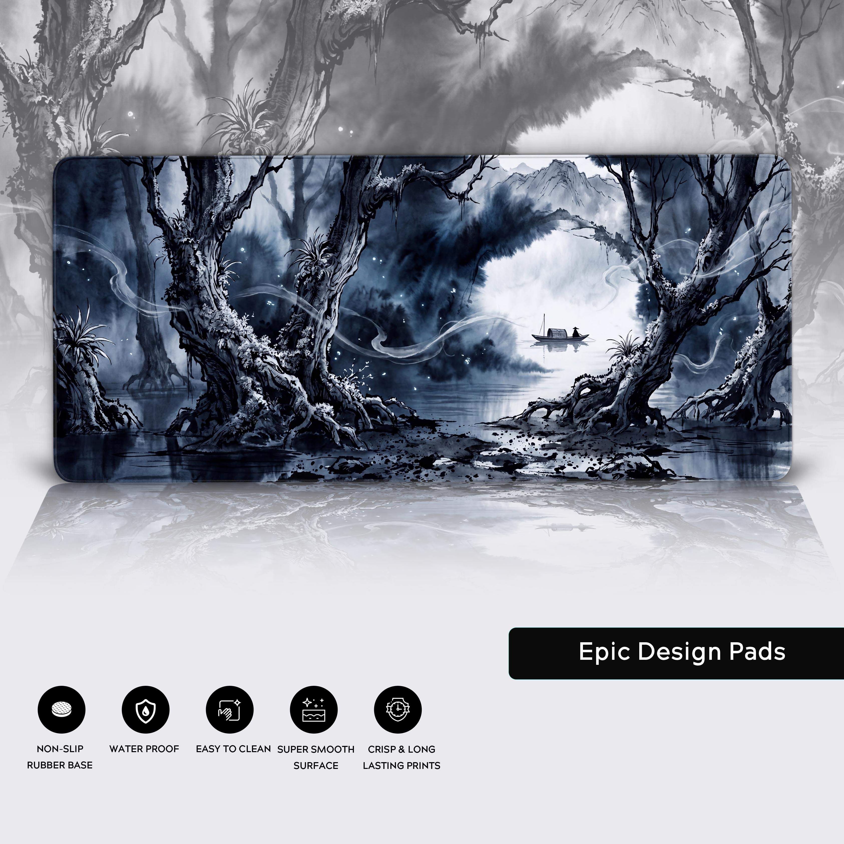 Monochrome traditional Asian landscape gaming mouse pad in a modern setup