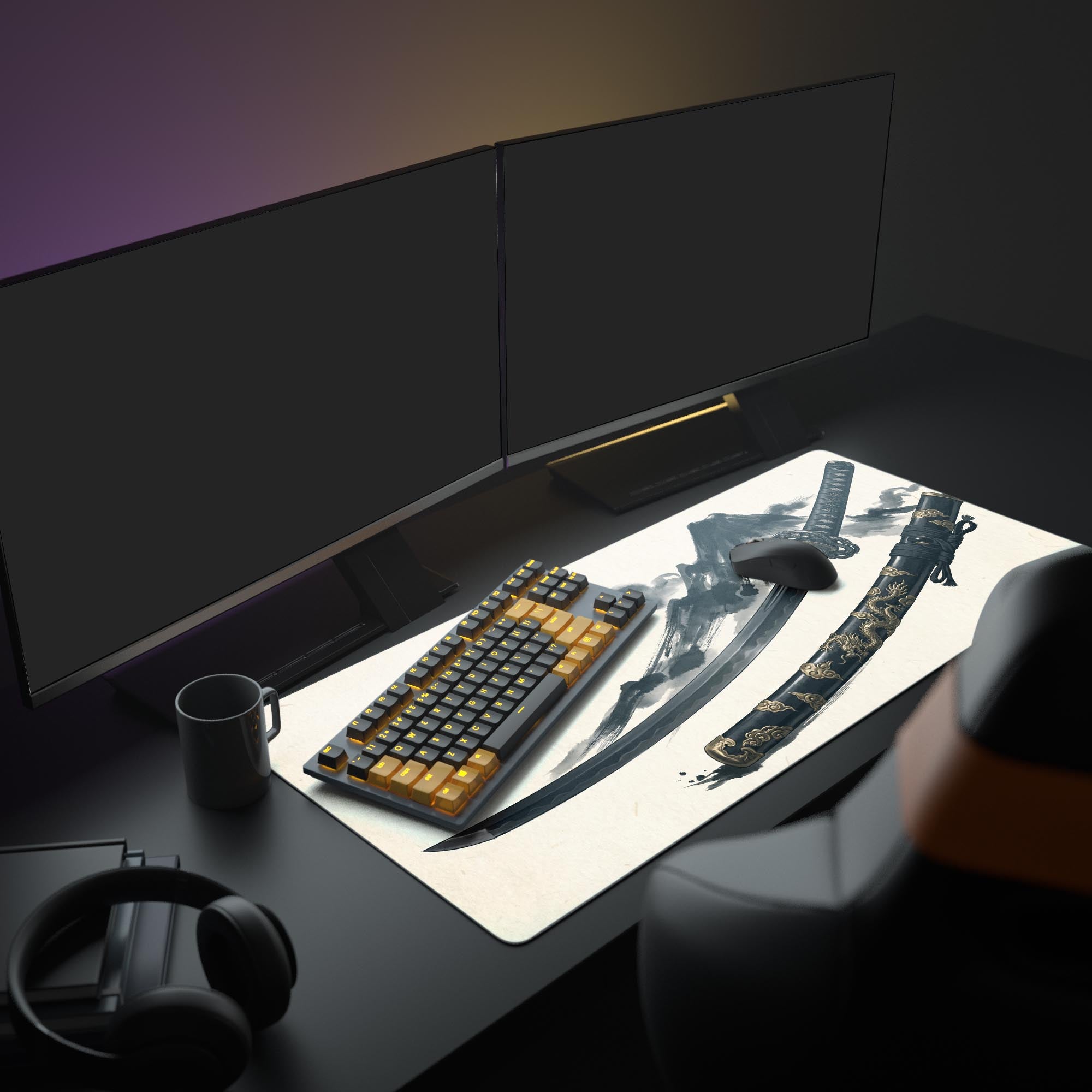 A modern PC setup featuring the Ink Katana mouse pad, which displays a samurai sword and mountains, enhancing the minimalist desk aesthetic. - Epic Design Pads & Mousepads