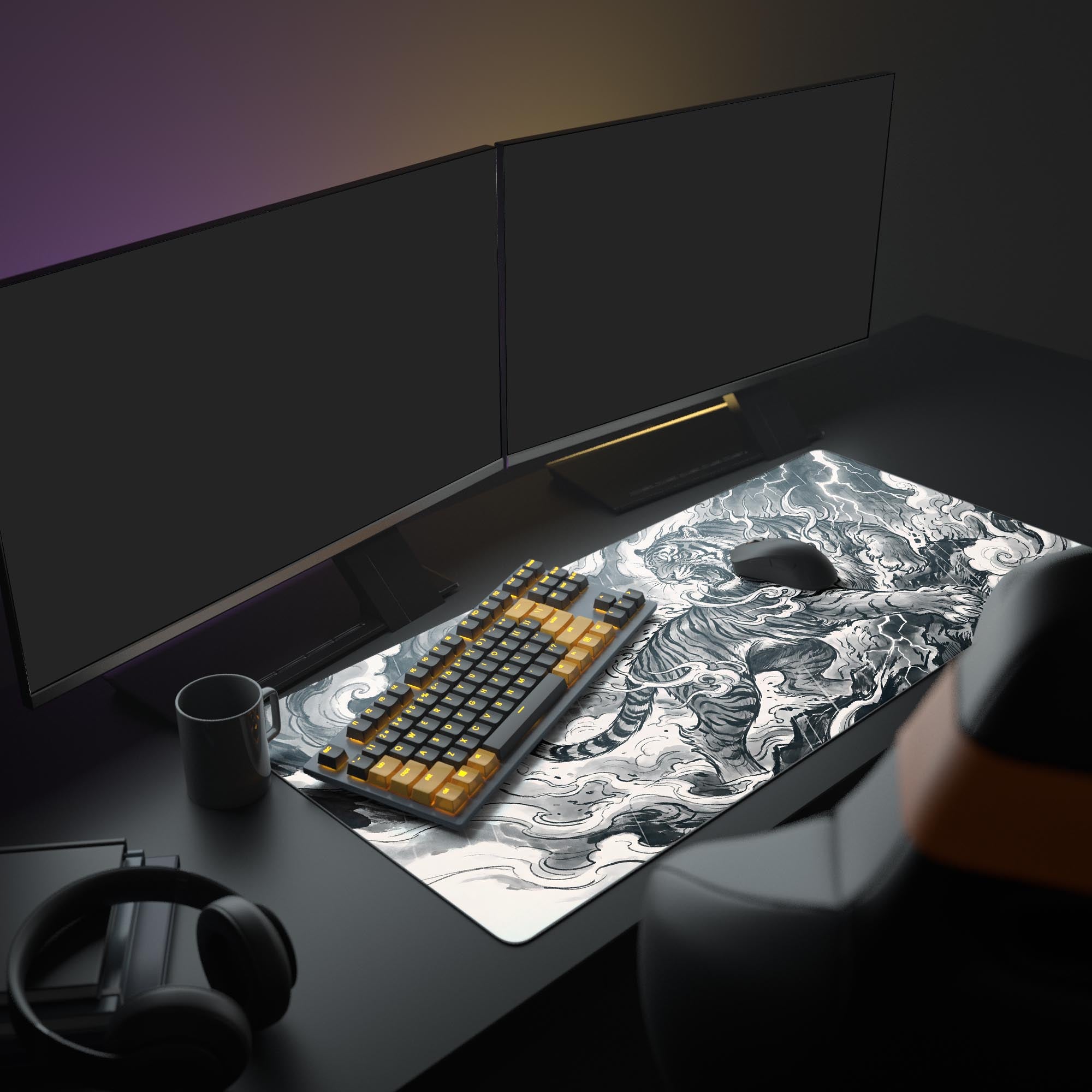 Close up of a monochrome tiger gaming mouse pad showing detailed brush strokes and dynamic thunder effects.