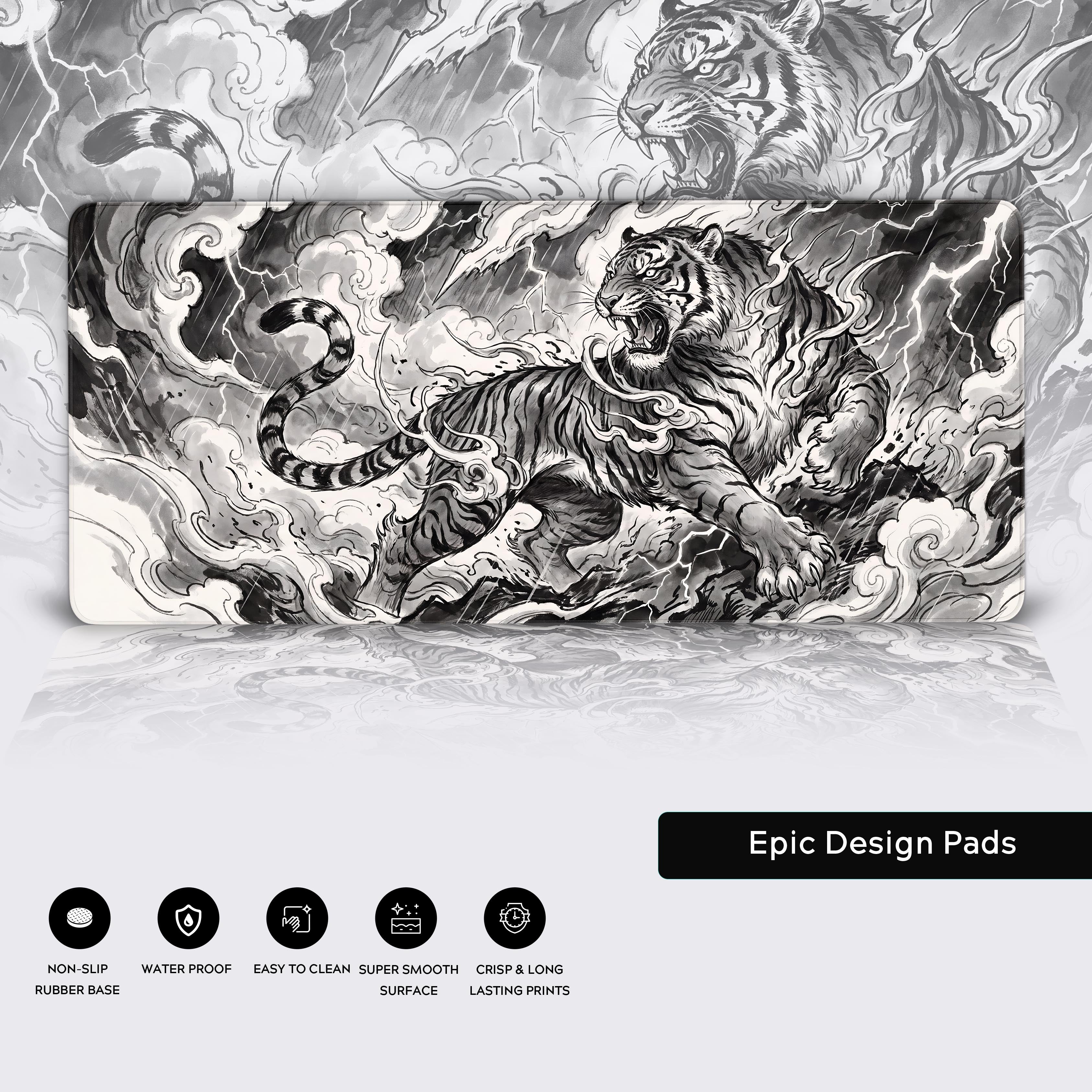Epic black and white thunder tiger extended mousepad showcasing crisp long lasting print quality.