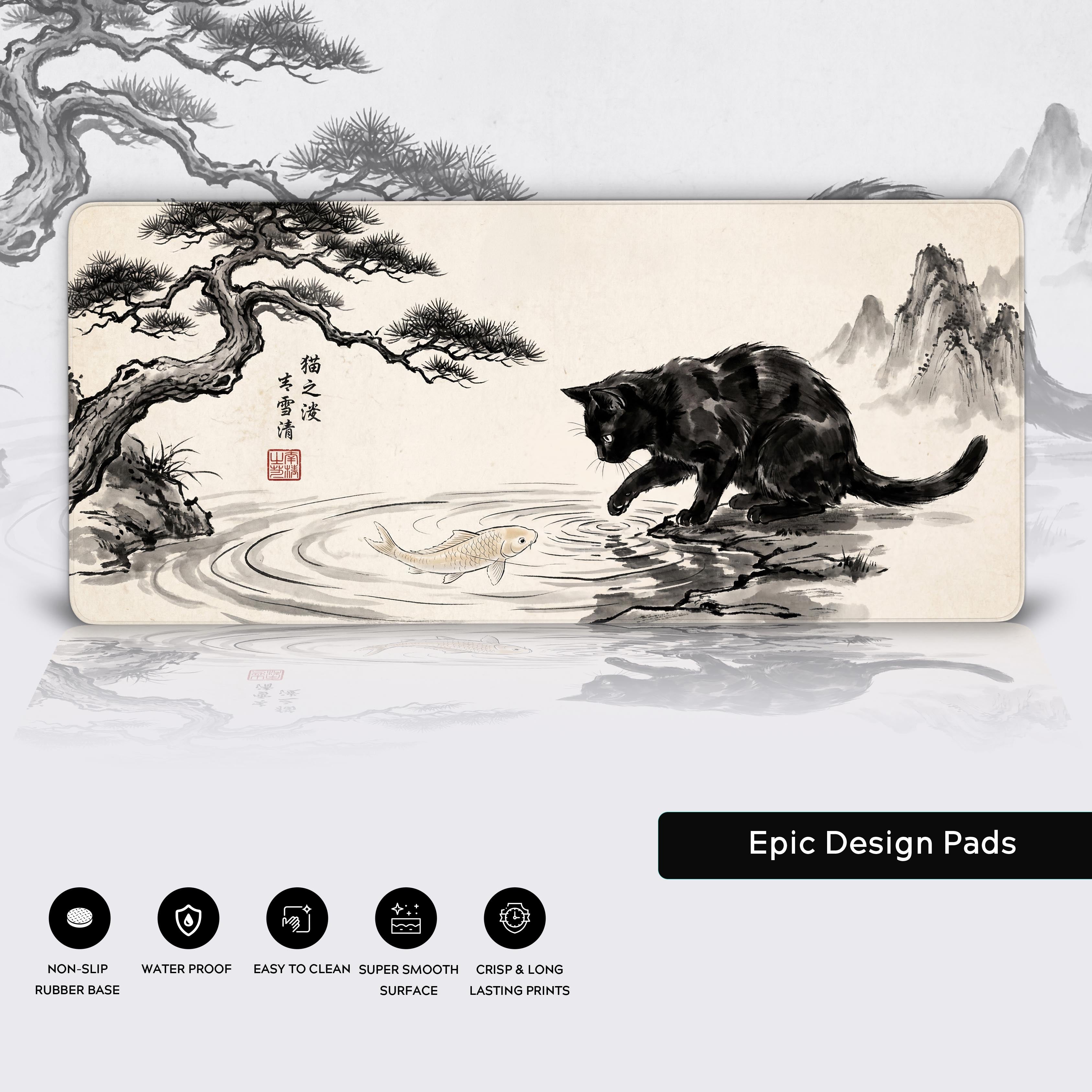Epic Design Pads branding with icons for non-slip base, waterproof, easy to clean, smooth surface, and crisp prints