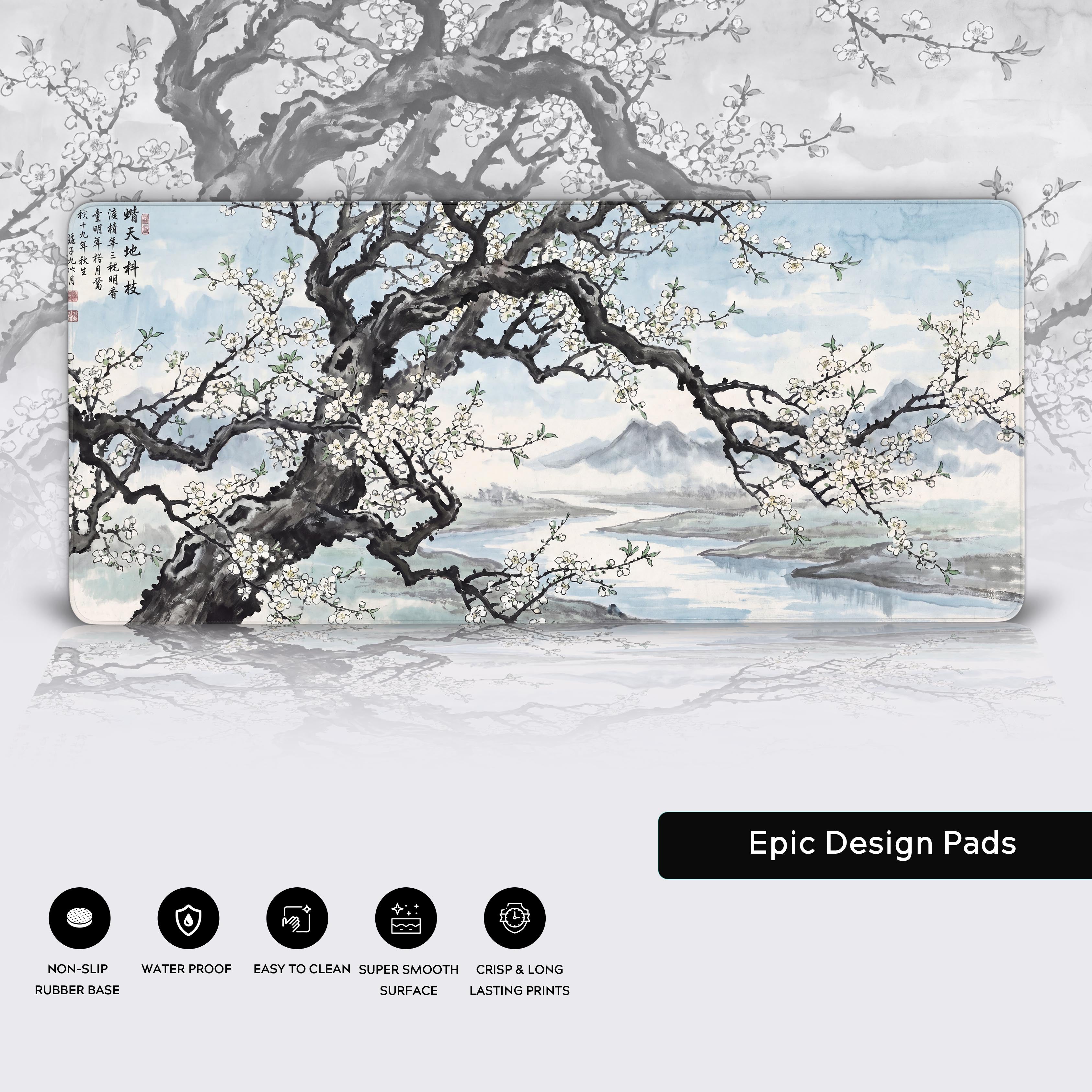 Premium desk mat featuring non-slip rubber base and crisp traditional Asian art print