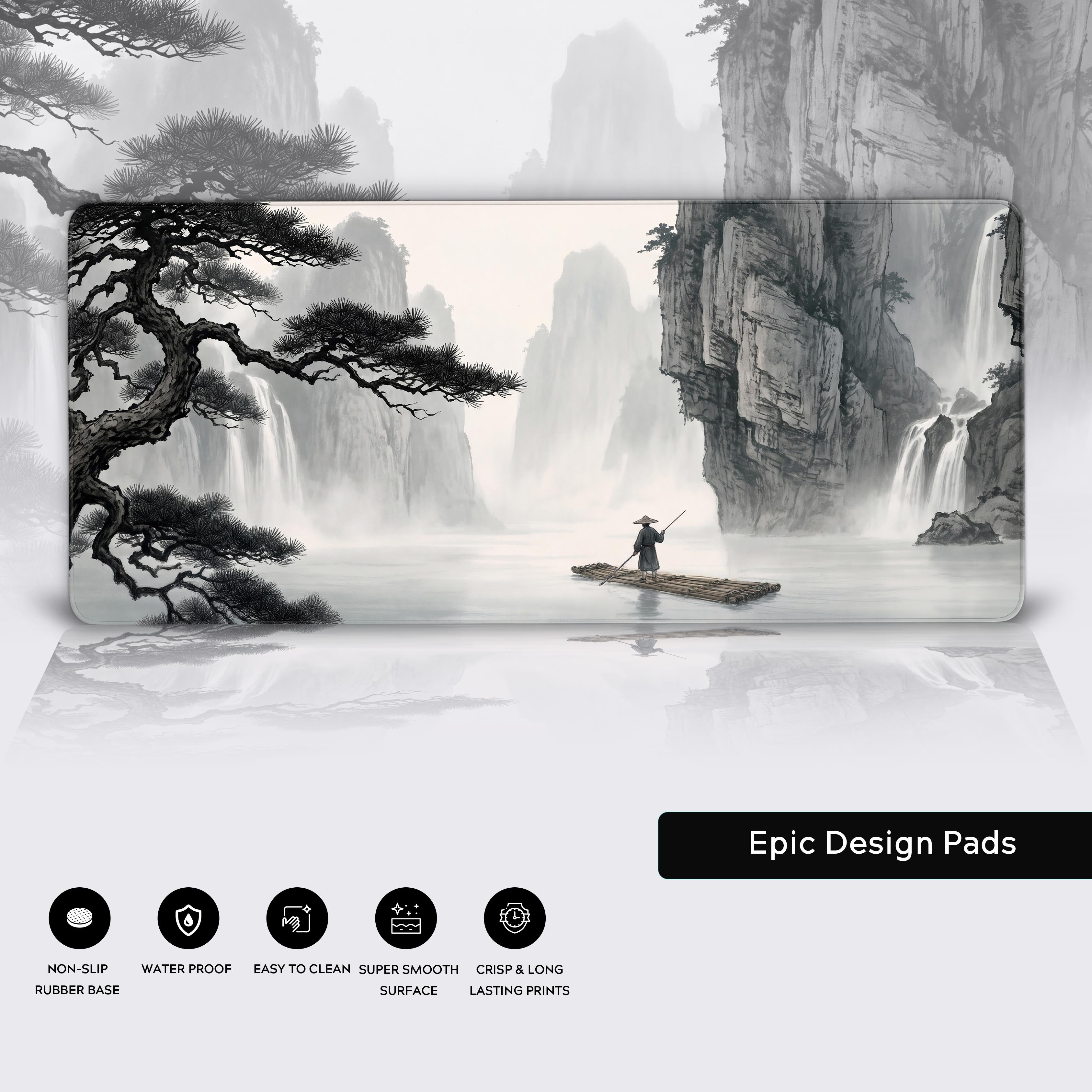 Full view of the ink wash landscape desk mat hovering above a reflective surface with product feature icons visible.