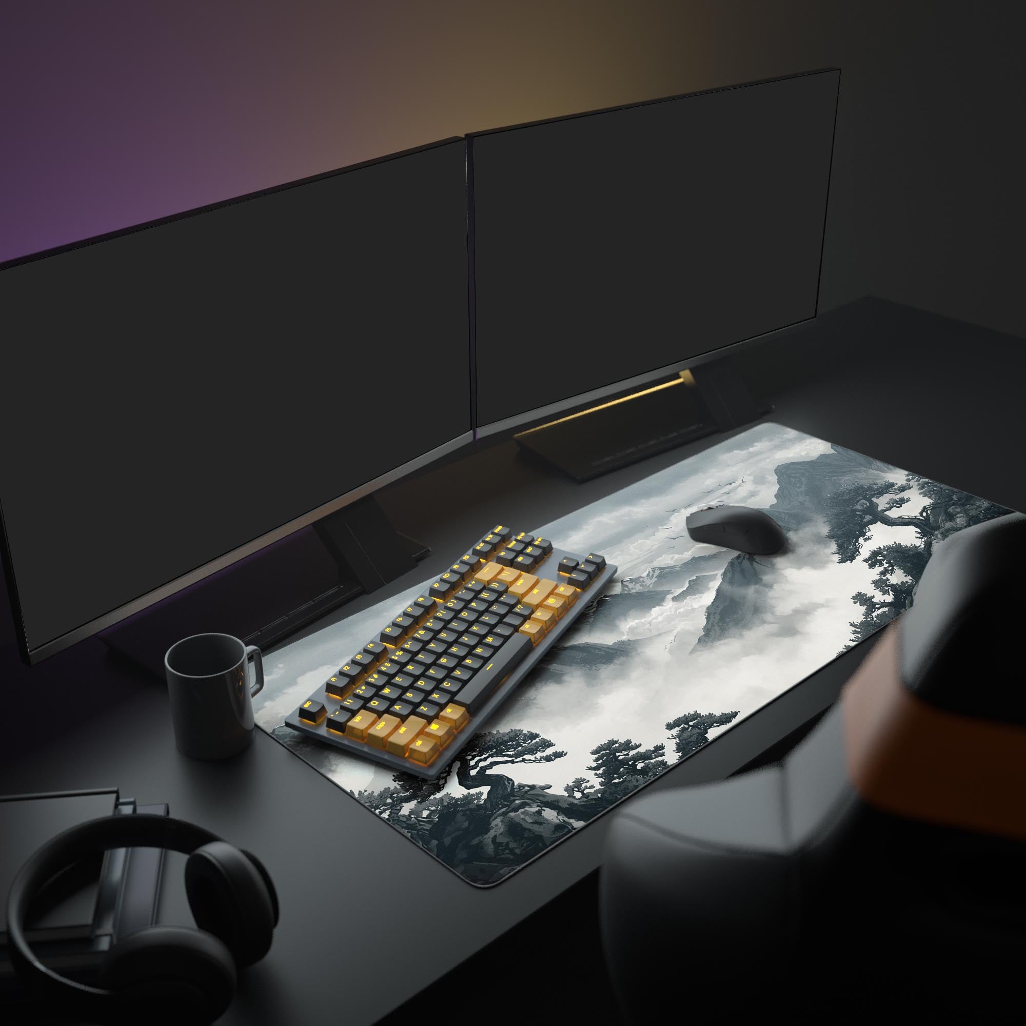 Large Ink Wash Valley mouse pad in a minimalist desk setup with dual monitors, a mechanical keyboard, and headphones, creating a zen workspace. - Epic Design Pads