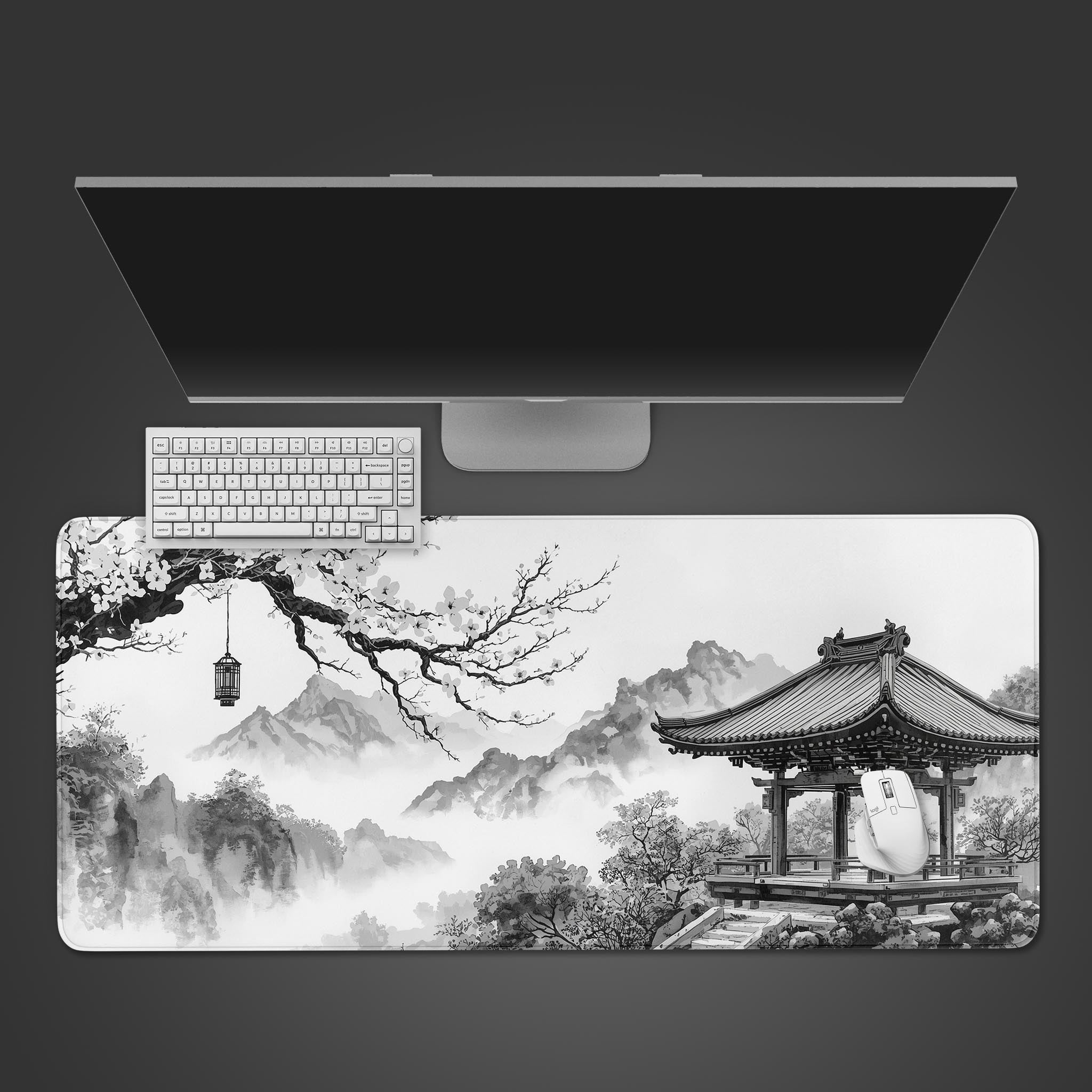 Inkstone Peak desk mat with a Japanese ink wash mountain design – top-down desktop view with keyboard and mouse. - Epic Design Pads