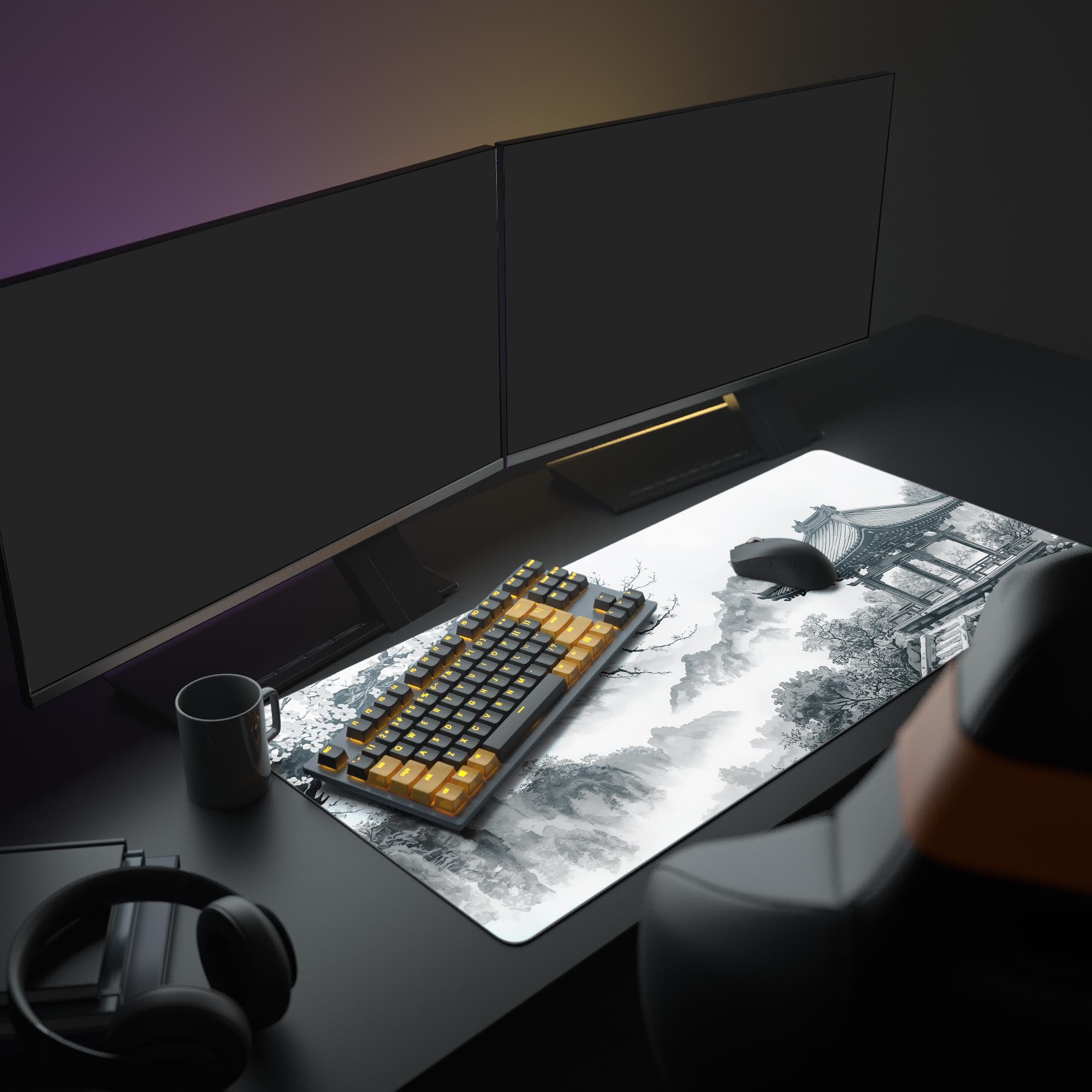 Large Inkstone Peak desk mat in a zen workspace setup with dual monitors, a plant, and minimalist decor. - Epic Design Pads