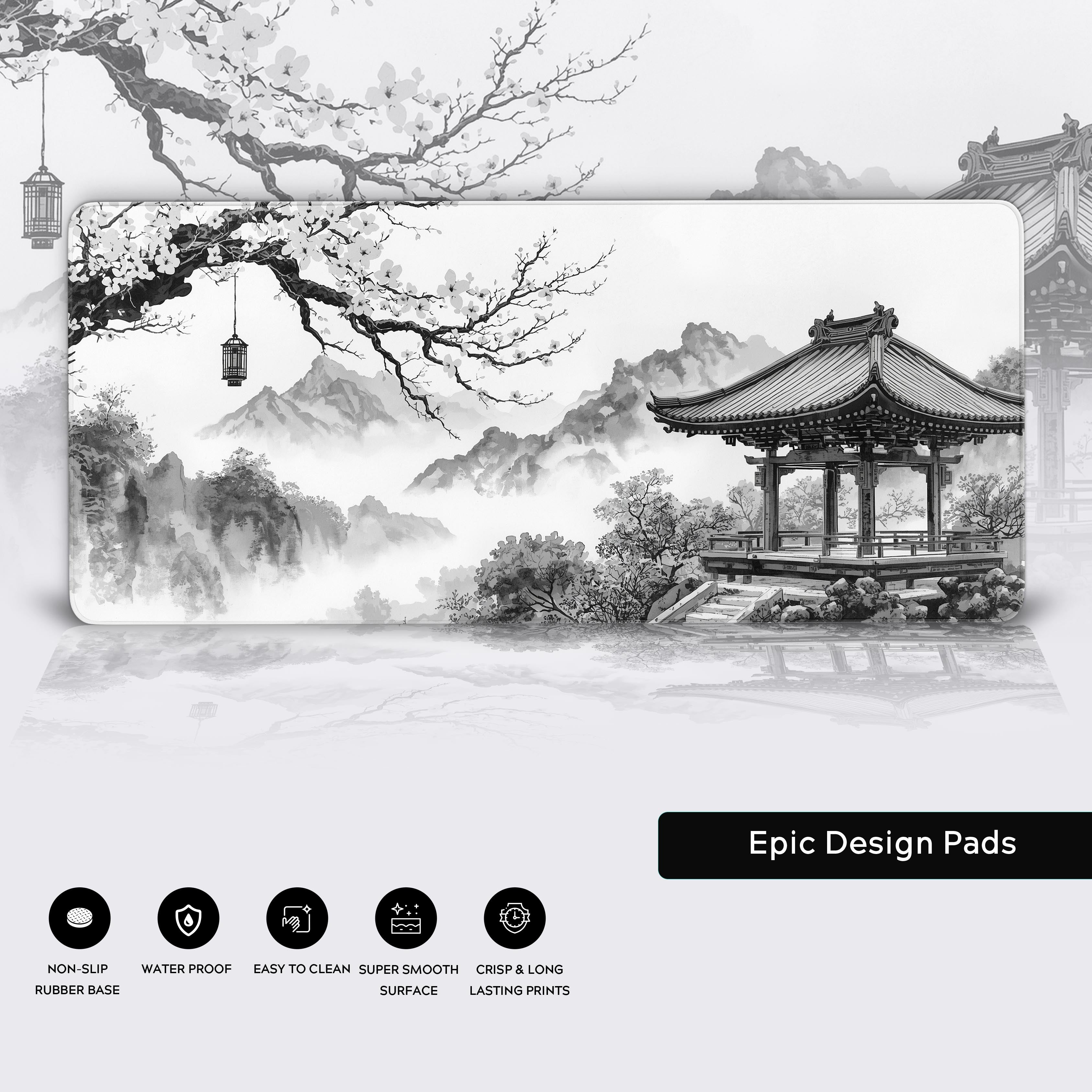 Close-up of the Inkstone Peak desk mat showing its durable stitched edges, smooth water-resistant surface, and non-slip rubber base. - Epic Design Pads