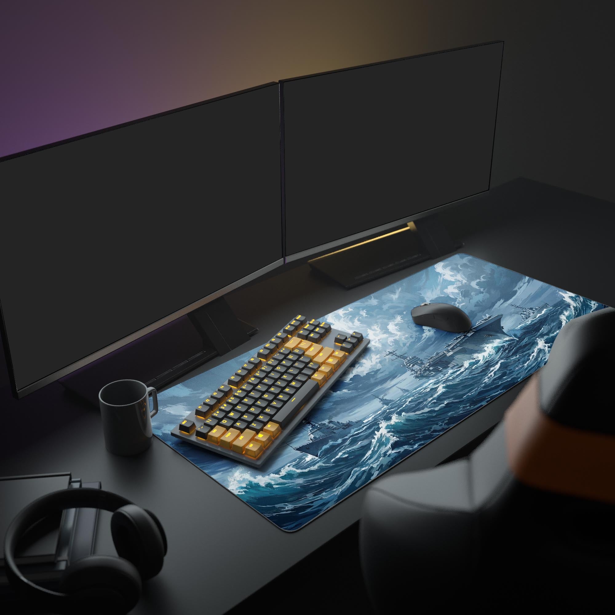 A complete PC gaming setup featuring the Iron Fleet mouse pad, which depicts warships on a turbulent ocean. The setup includes multiple monitors and gaming peripherals. - Epic Design Pads & Mousepads